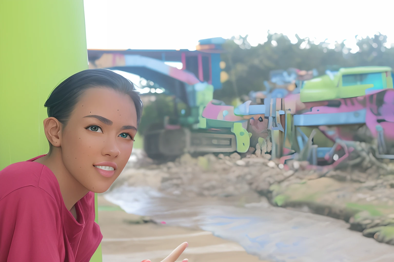(closeup modelshoot style), (((detailed face))), sexy woman (inside cramped rusty cockpit of a hydraulic mechanical robot), sunset, post-apocalyptic, long hair, lots of skin, 8k, high resolution