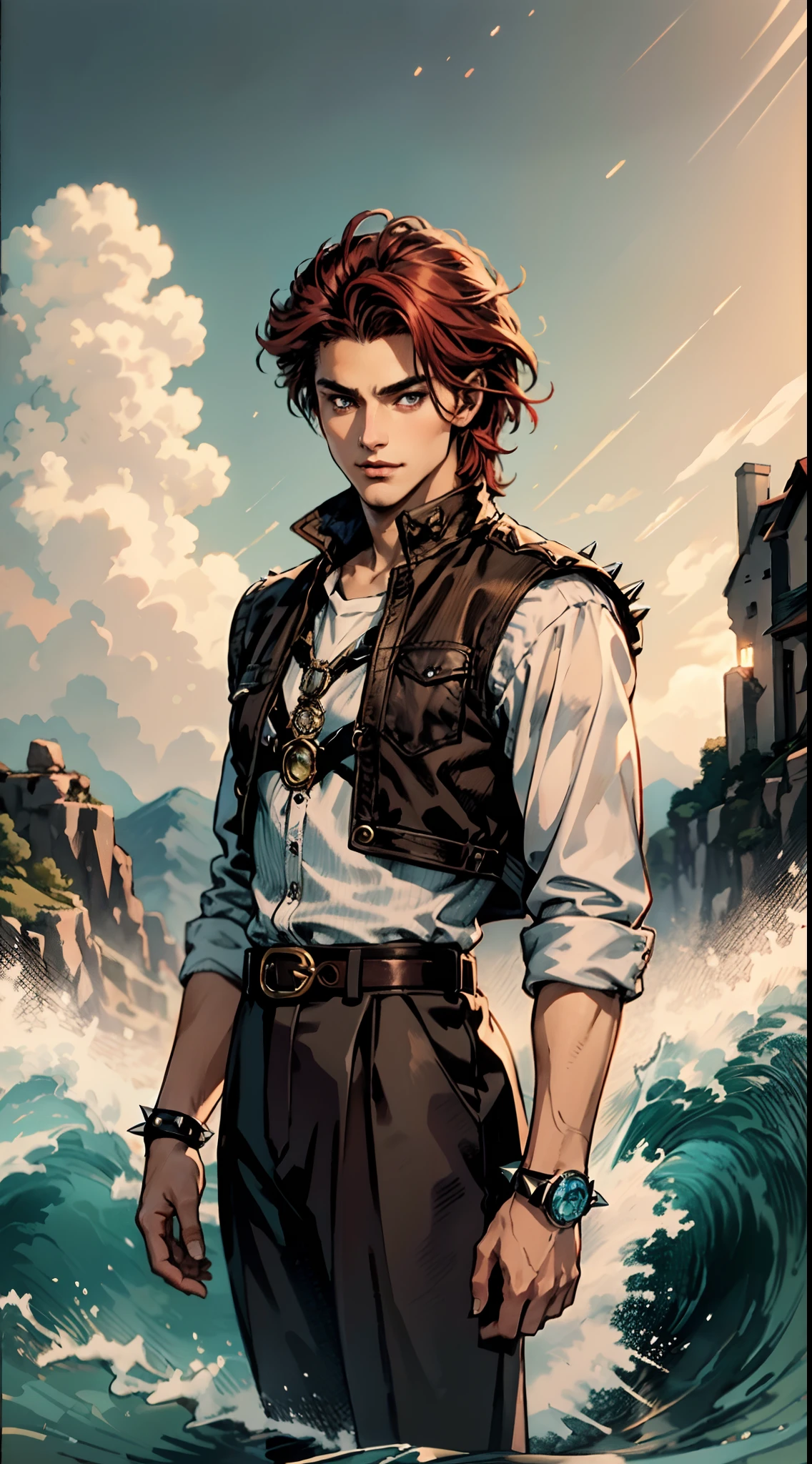 A teenage boy, short brown hair, spiked in the middle with a tuft of red hair, sharp gaze, a playful smile, a fantasy-style two-piece outfit, a dark-colored tight-fitting undershirt, a light-colored vest with wave patterns, a multifunctional belt, utility trousers, the surroundings depict swiftly flowing air, a high-speed blurred background, conveying a sense of speed, this character embodies a finely crafted fantasy-realistic style adventurer in anime style, characterized by an exquisite and mature manga illustration art style, high definition, best quality, highres, ultra-detailed, ultra-fine painting, extremely delicate, professional, anatomically correct, symmetrical face, extremely detailed eyes and face, high quality eyes, creativity, RAW photo, UHD, 8k, Natural light, cinematic lighting, masterpiece-anatomy-perfect, masterpiece:1.5