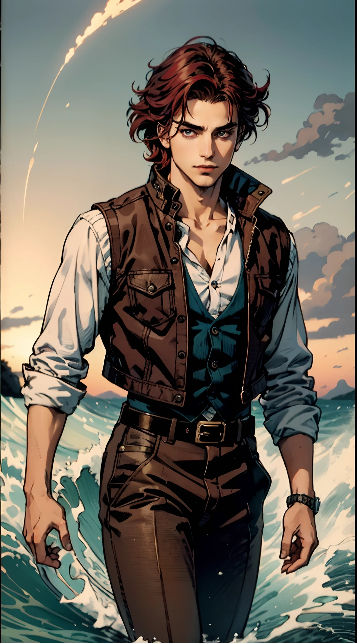 A teenage boy, short brown hair, spiked in the middle with a tuft of red hair, sharp gaze, a playful smile, a fantasy-style two-piece outfit, a dark-colored tight-fitting undershirt, a light-colored vest with wave patterns, a multifunctional belt, utility trousers, the surroundings depict swiftly flowing air, a high-speed blurred background, conveying a sense of speed, this character embodies a finely crafted fantasy-realistic style adventurer in anime style, characterized by an exquisite and mature manga illustration art style, high definition, best quality, highres, ultra-detailed, ultra-fine painting, extremely delicate, professional, anatomically correct, symmetrical face, extremely detailed eyes and face, high quality eyes, creativity, RAW photo, UHD, 8k, Natural light, cinematic lighting, masterpiece-anatomy-perfect, masterpiece:1.5
