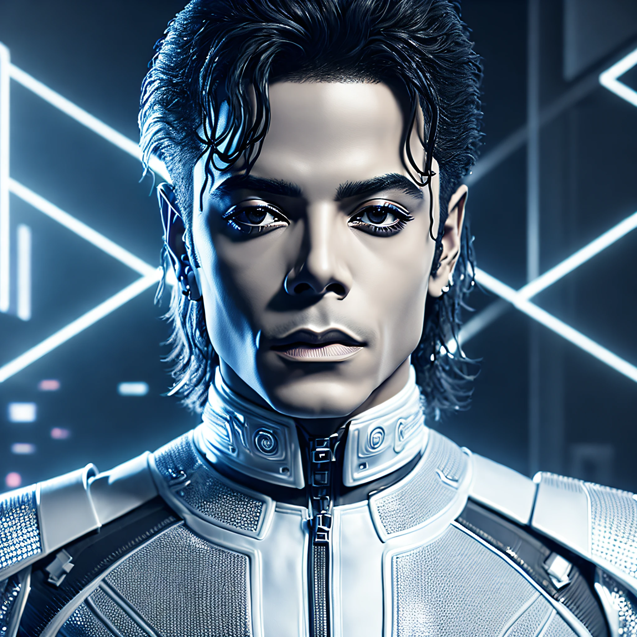 A closer portrait realistic Michael Jackson whit white skin, in cybernetic suit, in cinematic style in cite