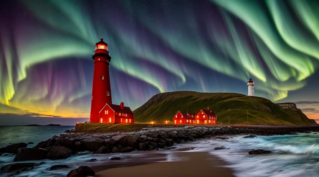 (best quality, master piece: 1.1), (Fidelity: 1.4), 1 old red and white lighthouse on a deserted beach at night, coast of Norway, very dark sky with no moon, a beautiful aurora borealis with vibrant colors, wreckage of a shipwreck on the coast, 4k, highly detailed, richly detailed lighthouse, intricate details