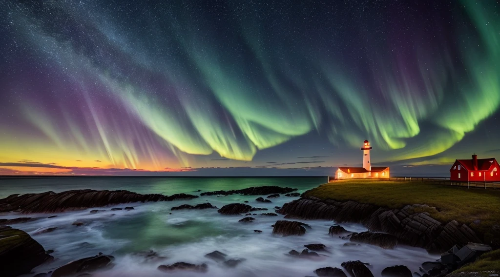 (best quality, master piece: 1.1), (Fidelity: 1.4), 1 old red and white lighthouse on a deserted beach at night, coast of Norway, very dark sky with no moon, a beautiful aurora borealis with vibrant colors, wreckage of a shipwreck on the coast, 4k, highly detailed, richly detailed lighthouse, intricate details