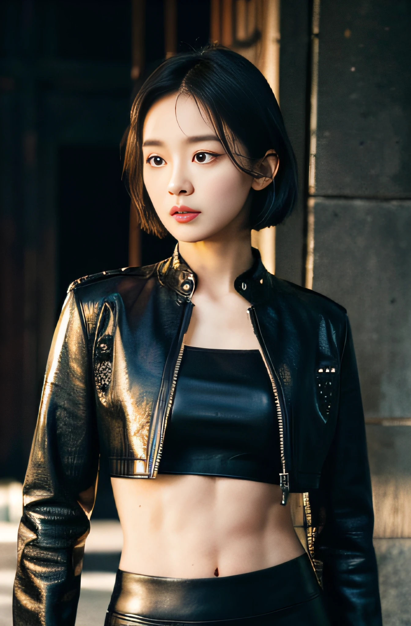 (Forehead, Cropped jacket, Abs, Midriff, scowling, Short hair, Black hair, eye line:1.3), (masutepiece, Best Quality, beautiful quality), (Photorealistic:1.4), (Detailed Lighting, highlydetailed skin, very detail hair, shadowy, 8K, Tea Cho Photos, 1girll:1.2), view the viewer, (high key lighting), masutepiece, of the highest quality, Best Quality, offcial art, Wallpapers by Unity 8K, hight resolution, 超A high resolution, Ultra-detailed, Beautiful and aesthetic，Pained look，darkened room、Navel Ejection、Emphasis on bust、Leather skirt、Beautiful legs、Full-body image、cute  face