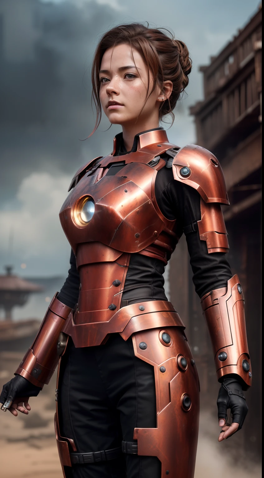 steampunc,Copper and brass materials,Jedi Girl Iron Man MK2 type armor,(short detailed hair),In fantasy scenarios。(Splashing blood),(battle scars),(dust cloud).(Best quality,4K,8K,A high resolution,Masterpiece:1.2),(Realistic,Photorealistic,photo-realistic:1.37)