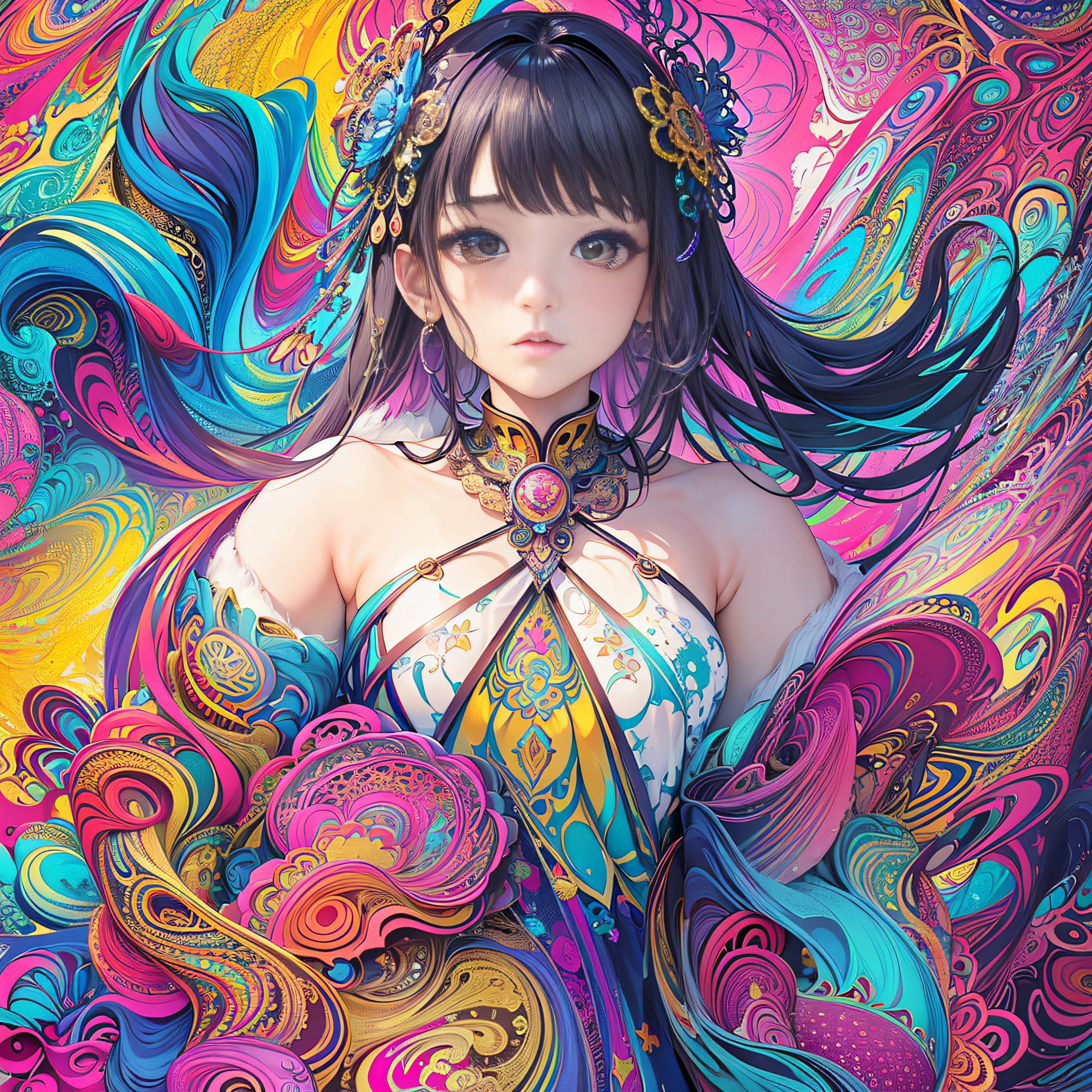 (​masterpiece、top-quality、top-quality、Official art、Beautifully Aesthetic:1.2)、Highly detailed fractal art、(colourfull:1.5)、highest details、Zentangle、a closeup、 (1girl in:1.5), 独奏, (dynamicposes), (Abstract background:1.5), (shinny skin),