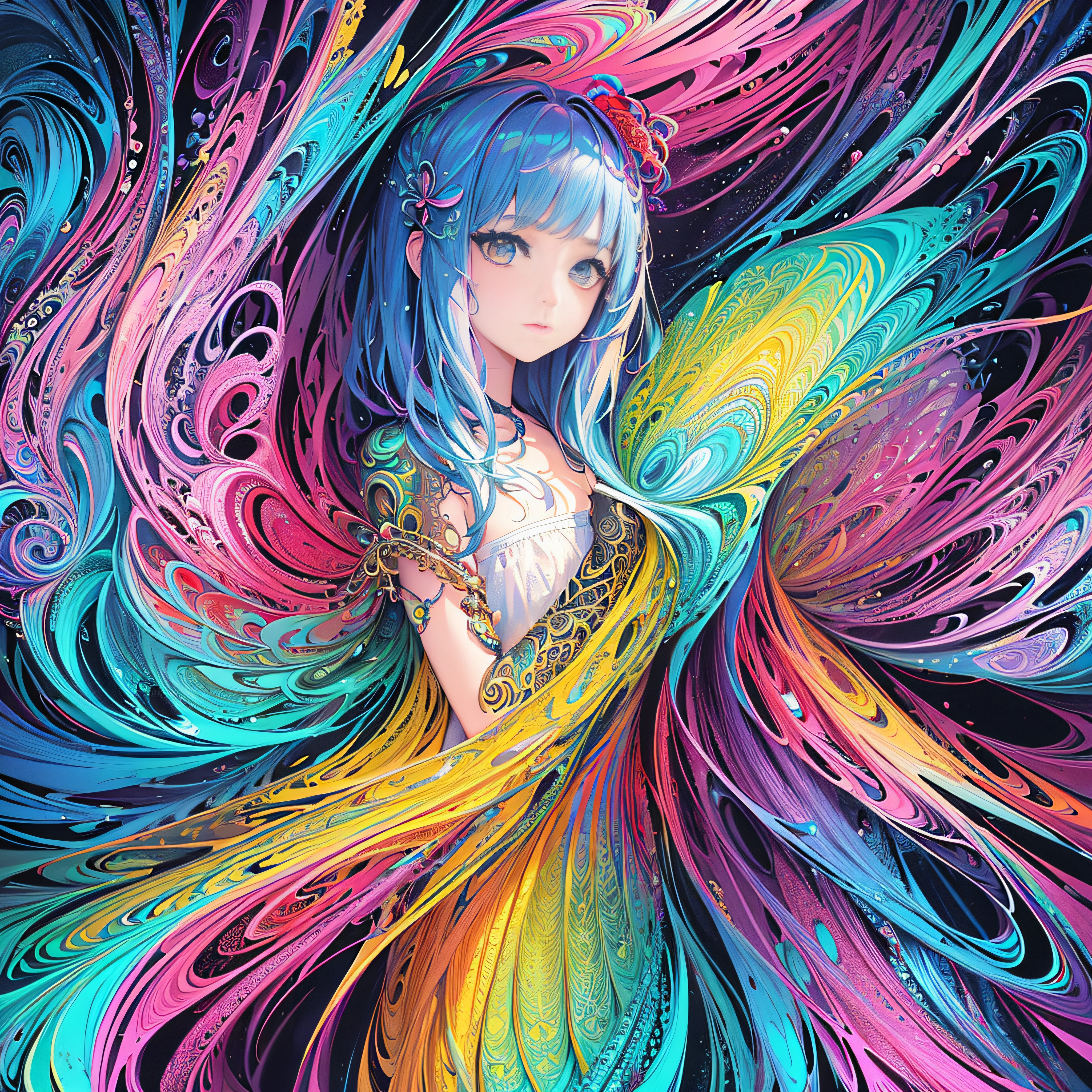 ( Absurd, High quality, Ultra-detailed, Masterpiece, concept-art, smooth, high detail artwork, Hyper-realistic painting , high resolution, paint splatter, colored splashing, Splash of Ink, colored splashing), ((Sweet Chinese girl, Rainbow hair)),elf, Plum elf, plum , Transparent fairy wings, huge tit，low chest，fairytale-like, Romantic, Vivid, Whole body,hand behind back，Malu，largeeyes，（Eye focus），Cosmic eyes，Space eyes，In nature with waterfalls，PureErosFace_V1，Urzang-6500-V1 Edition.1，