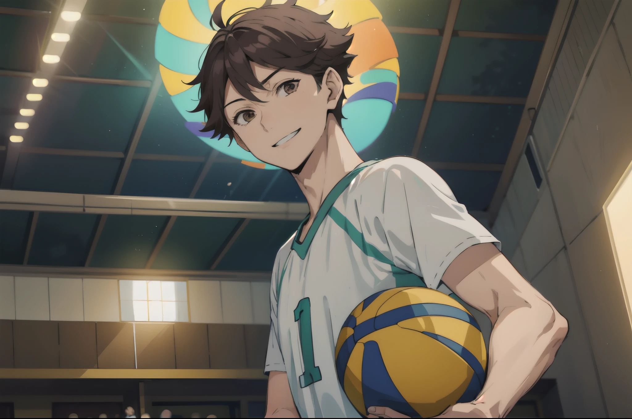 1man, oikawa tooru, perfect face, cute, volleyball, volleyball court, cinematic lighting, smiling