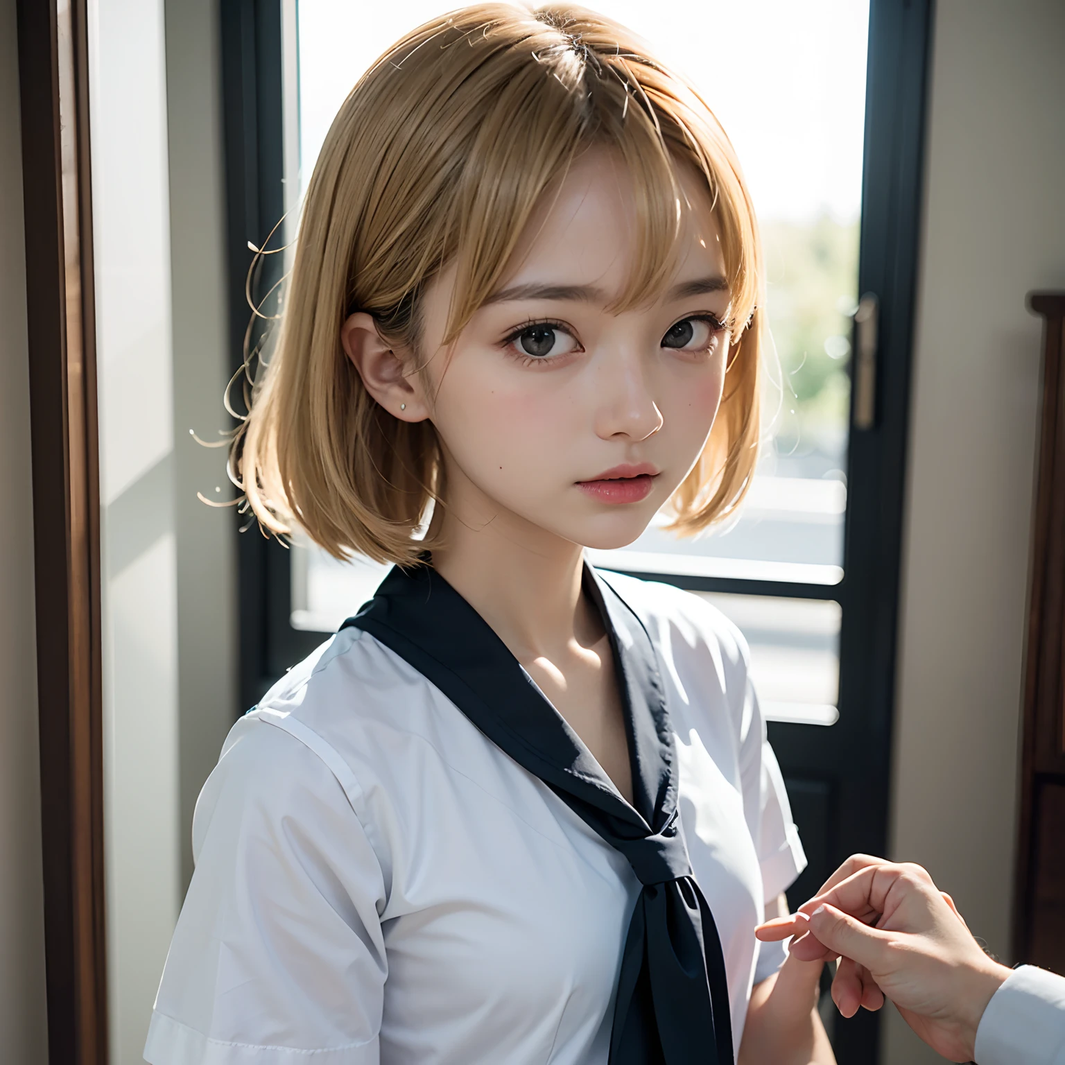 1 Very Cute Girl、、short hair、White Hair、Blue background、Upper body、(head shot:1.5)、Eyes focus、Collared shirt、Laughter、、(8k、Raw photo、highest quality、masterpiece:1.2)、(Realistic、Photorealistic:1.3)、Hmph、Deep depth of field、Wide Light、High Contrast、(Shine:1.4)、chromatic aberration、Sharp focus、RAW color photos、Cinematic lighting、8k resolution、