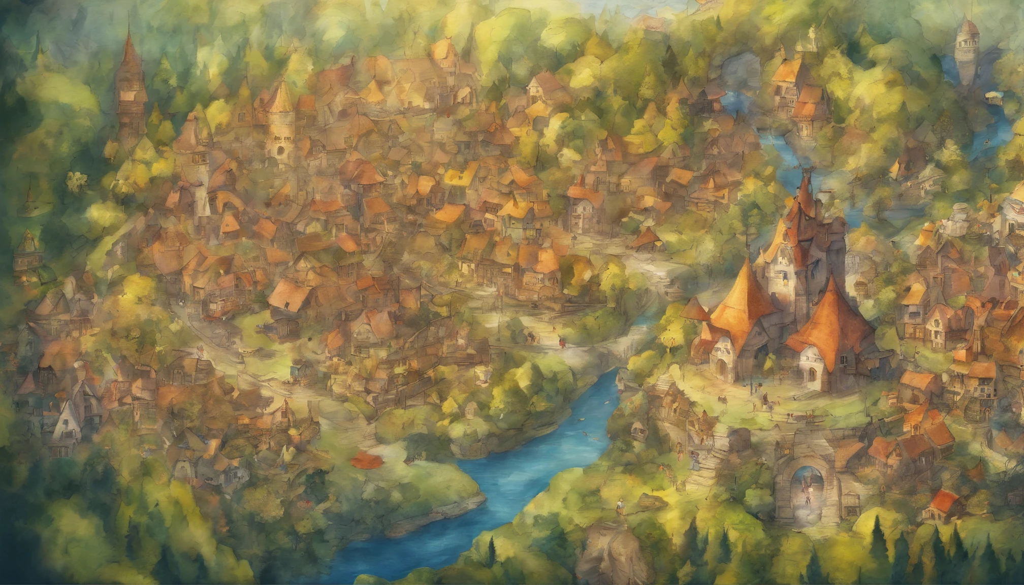 A small country town surrounded by forests Aerial view Fantastic and happy feelings The overall design is classic.、watercolor paiting The color is dark yellow Picture book illustrations