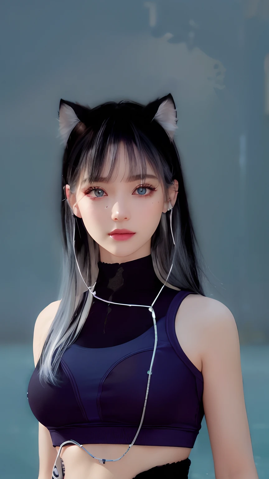 black hair, light white hair, hair over shoulder, hairclip, color contact lenses, aqua eyes, fake animal ears, smiley, jewelry, modern, chiaroscuro, cinematic lighting, Nikon, 85mm, high quality, 8k, best quality, super detail, tight sportswear in purple and black hd, eyes blue hd, earphone white