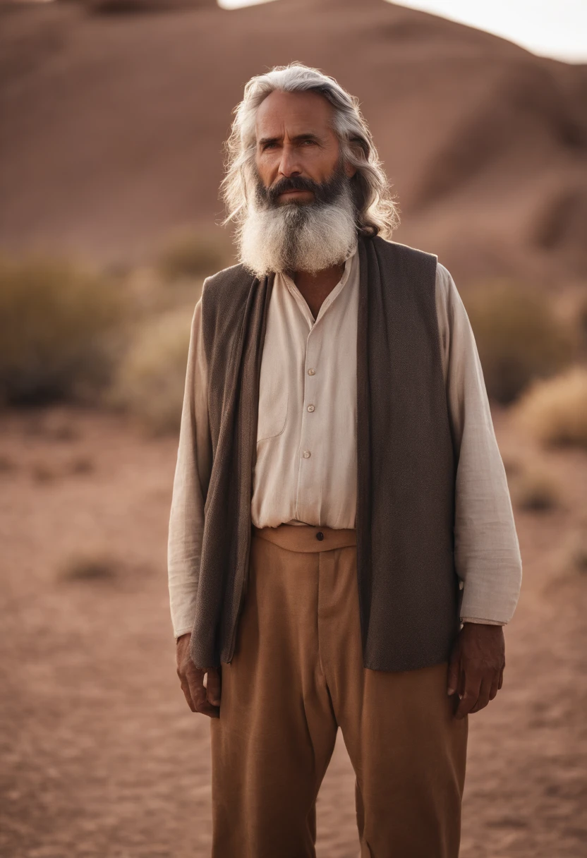 a man from the time of the old testament, he is 55 years old, with gray hair and beard, with the simple clothes of someone who lives in the desert, his clothes are of a more partial tone, and made with fabric used at the time. Your skin is like the skin of someone who grew up sunbathing. The man has gray hair and a long beard of the same color. He is in the desert. Less saturated image tone. Predominant tone of the image BROWN.