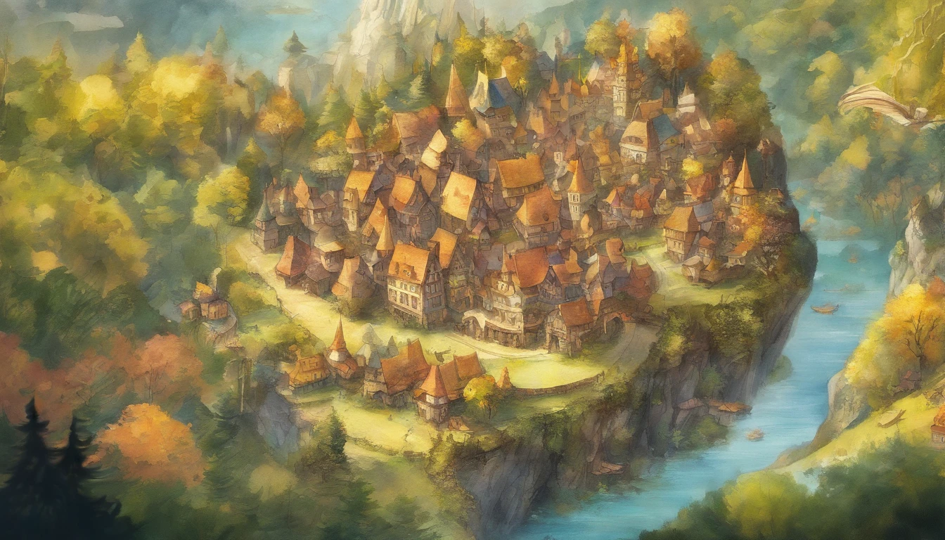 A small country town surrounded by forests Aerial view Fantastic and happy feelings The overall design is classic.、watercolor paiting The color is dark yellow Picture book illustrations