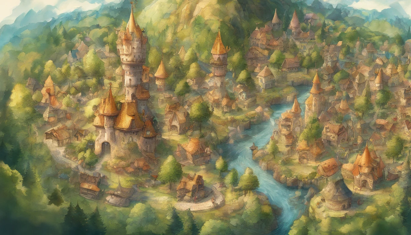 A small country town surrounded by forests Aerial view Fantastic and happy feelings The overall design is classic.、watercolor paiting The color is dark yellow Picture book illustrations