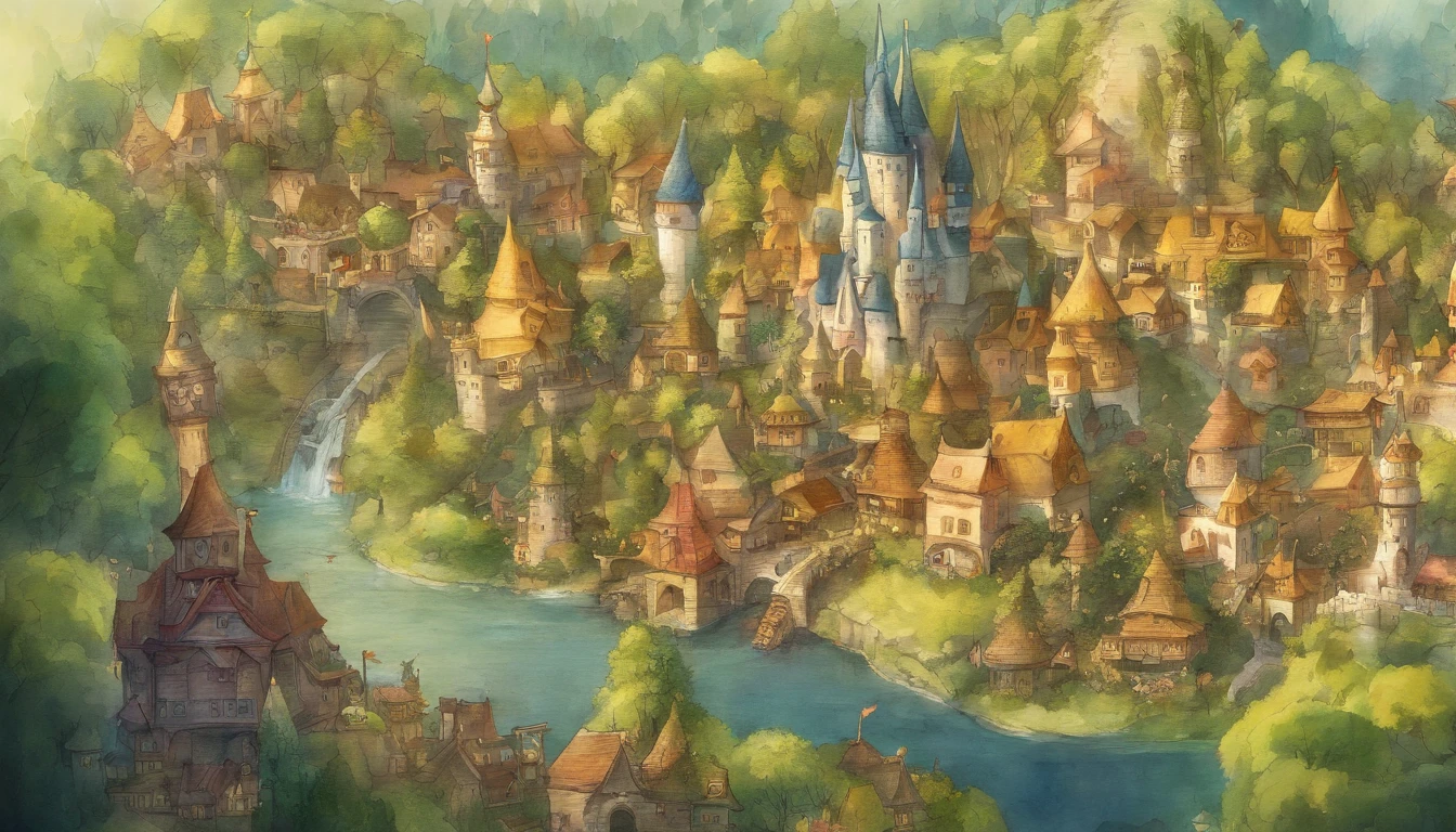 A small country town surrounded by forests Aerial view Fantastic and happy feelings The overall design is classic.、watercolor paiting The color is dark yellow Picture book illustrations