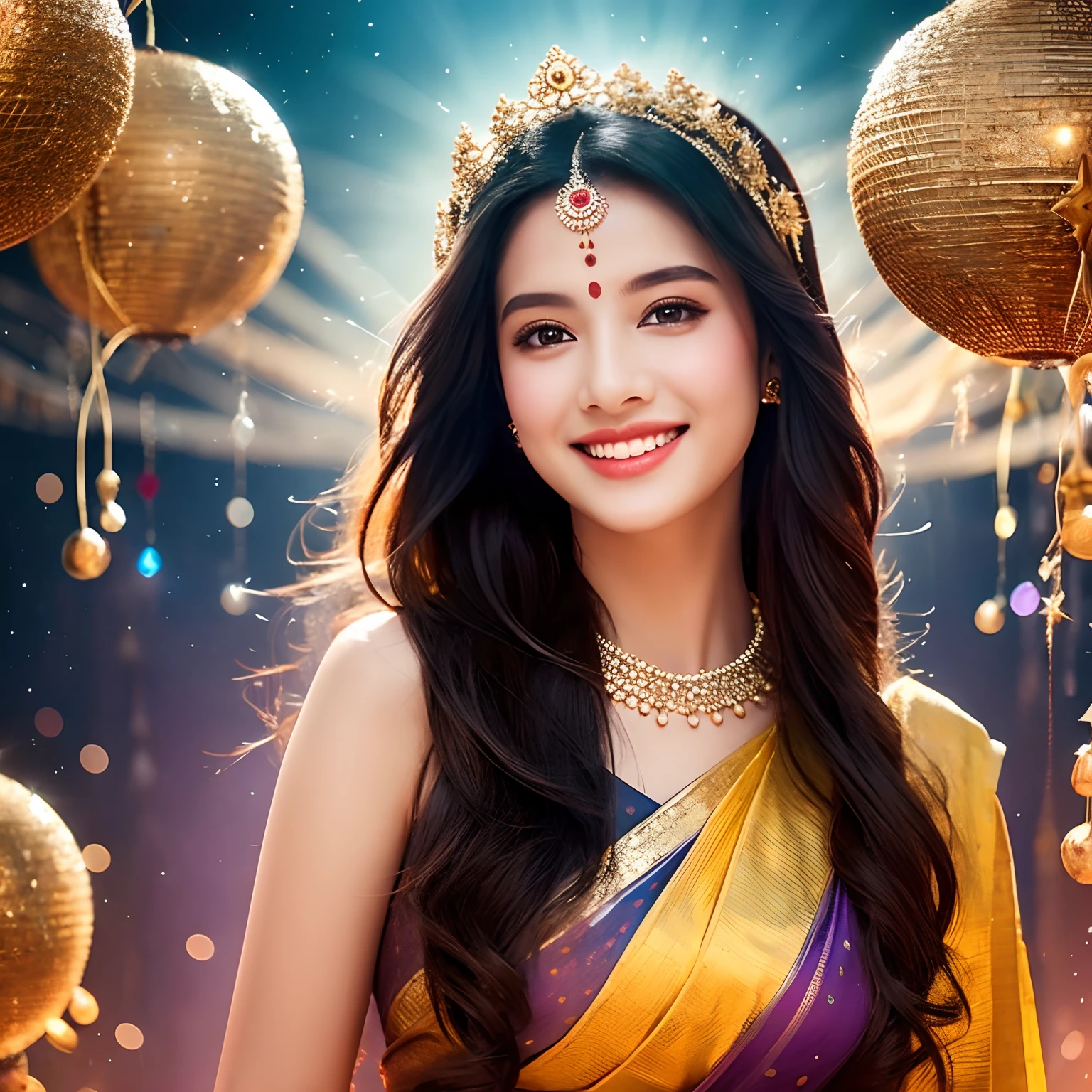Sacred Radiance,Hindu mythology,goddes,Indian style,Long Black Hair,blackigeyes(tmasterpiece,top Quority,best qualtiy,offcial art,Beauty and aesthetics:1.2),(1girl in),Extremely detailed,(s fractal art:1.3),highly colorful,best detailed, A hyper-realistic, Sparkling Purple Dress, Fantastic background、A smile