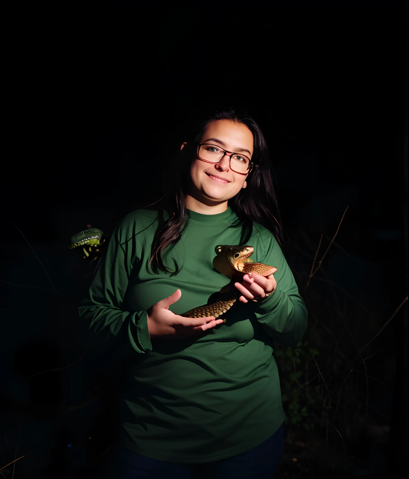 A biologist who wears glasses in green field clothes holding a alligator at night