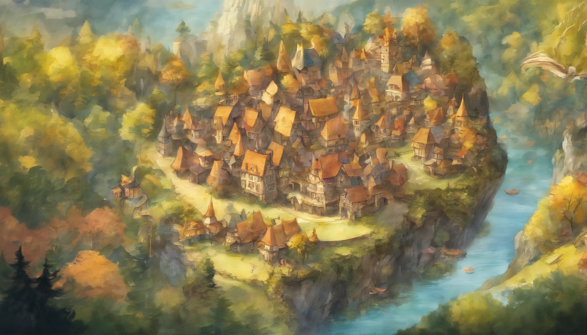 A small country town surrounded by forests　Aerial view　Fantastic and happy feelings　The overall design is classic.、watercolor paiting　The color is dark yellow　Picture book illustrations