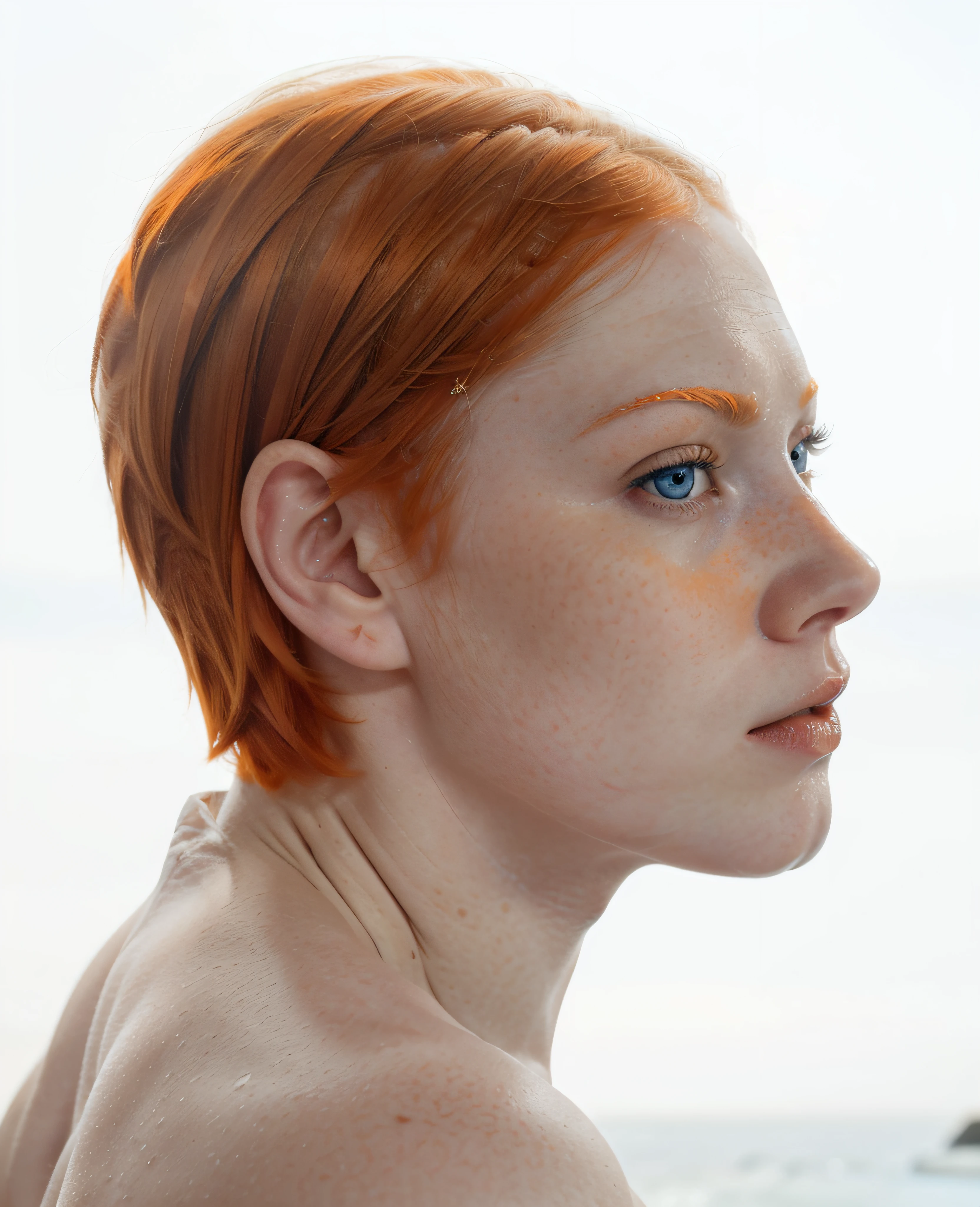 this white redhead woman named Lagertha, ((( very pale skin ))), ((( clear blue eyes ))), ((( full thick orange short hair ))), lovely beautiful serious face, freckles, fully naked, wonderful and perfect realistic female face, perfect snub nose, perfect red lips, textured skin, white background, perfect ears