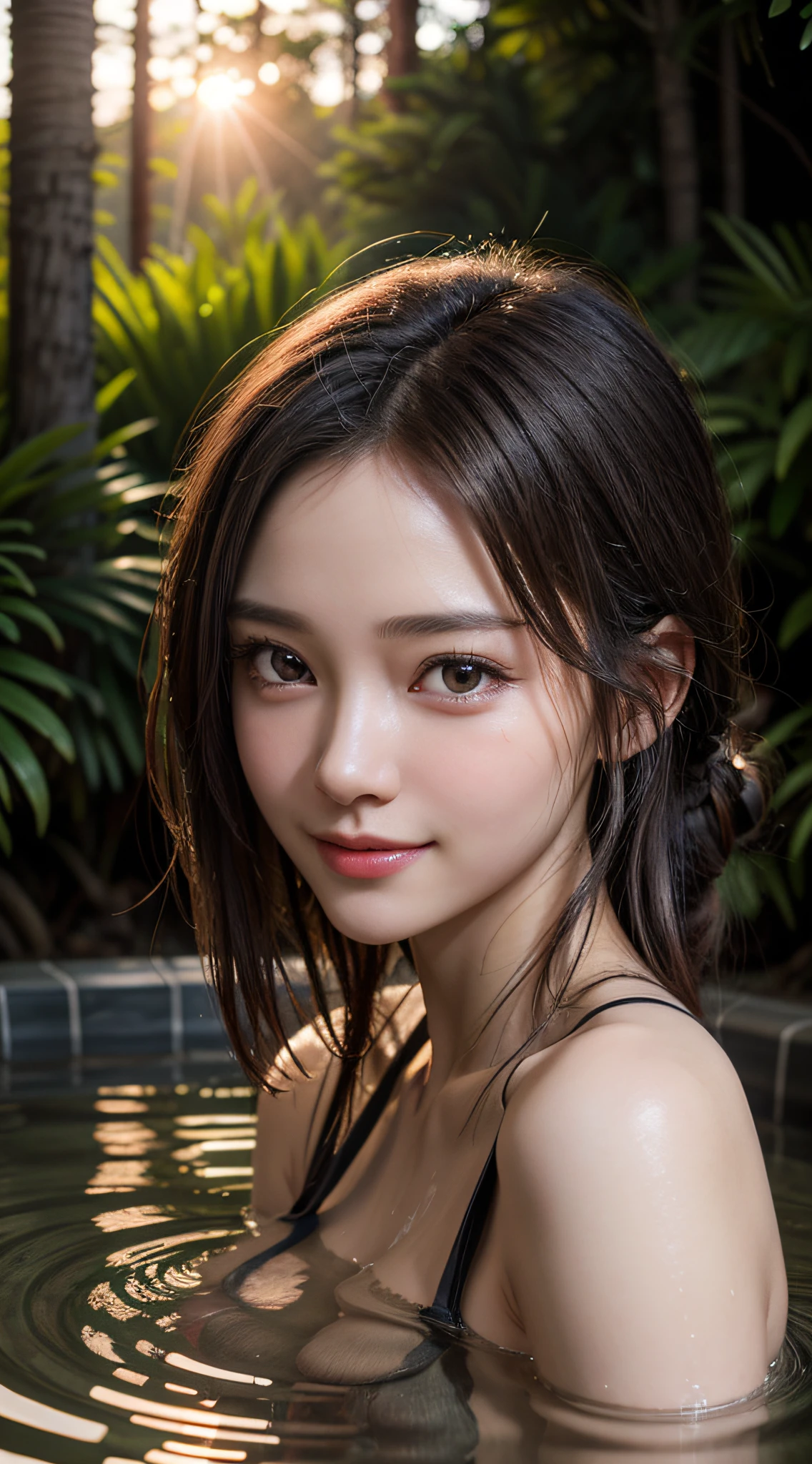 1girl, Extremely cute, Amazing face and eyes, (Beautiful lovely smile), (extremely detailed beautiful face), bright and shiny lips, sexy look, keep staring at me, smooth skin, super beautiful, attractive, (Best Quality:1.4), (hyper quality), (Ultra-detailed), (hyper-realistic, Photorealsitic:1.37), Authentic skin texture, complex details, extremely detailed CG unified 8k wallpaper, RAW Photos, professional photograpy, Cinematic lighting, (taking a bath in a hot spring), ((Hot springs, open-air baths, forests, forests, sunsets)),
