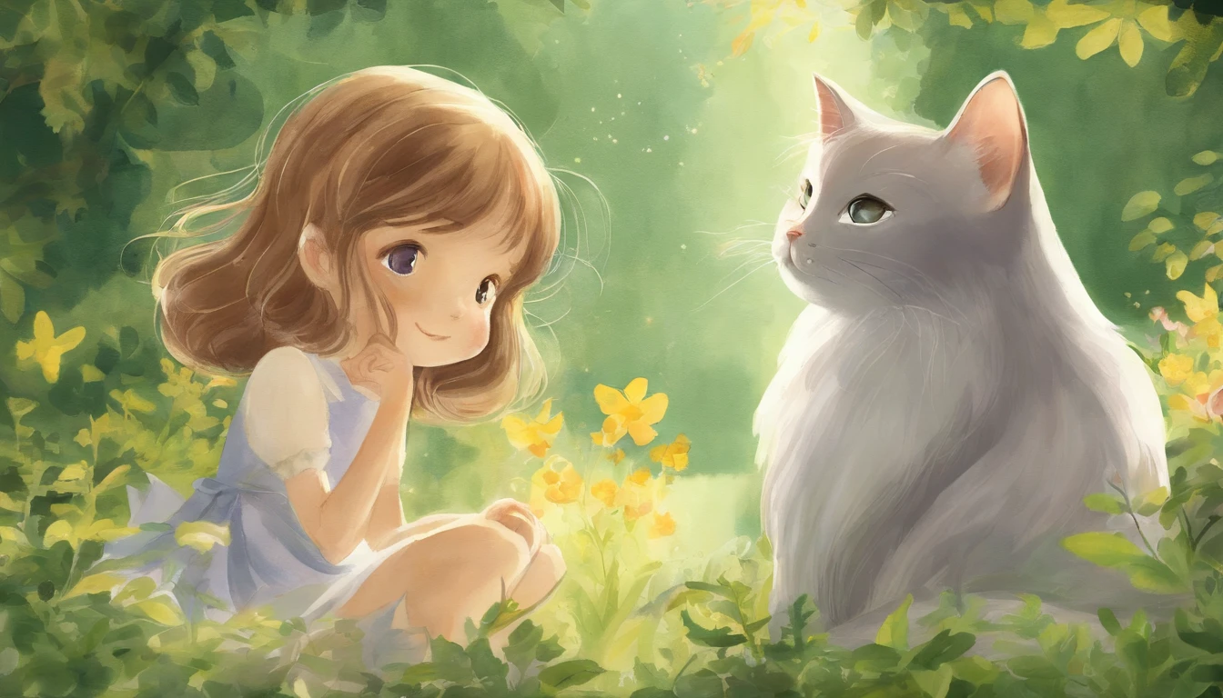 Meet in a sunny park、A girl staring at each other and a light gray cat 10years old girl、I have chestnut hair Fantastic and happy feelings watercolor paiting The overall design is classic.、The color is dark yellow Picture book illustrations