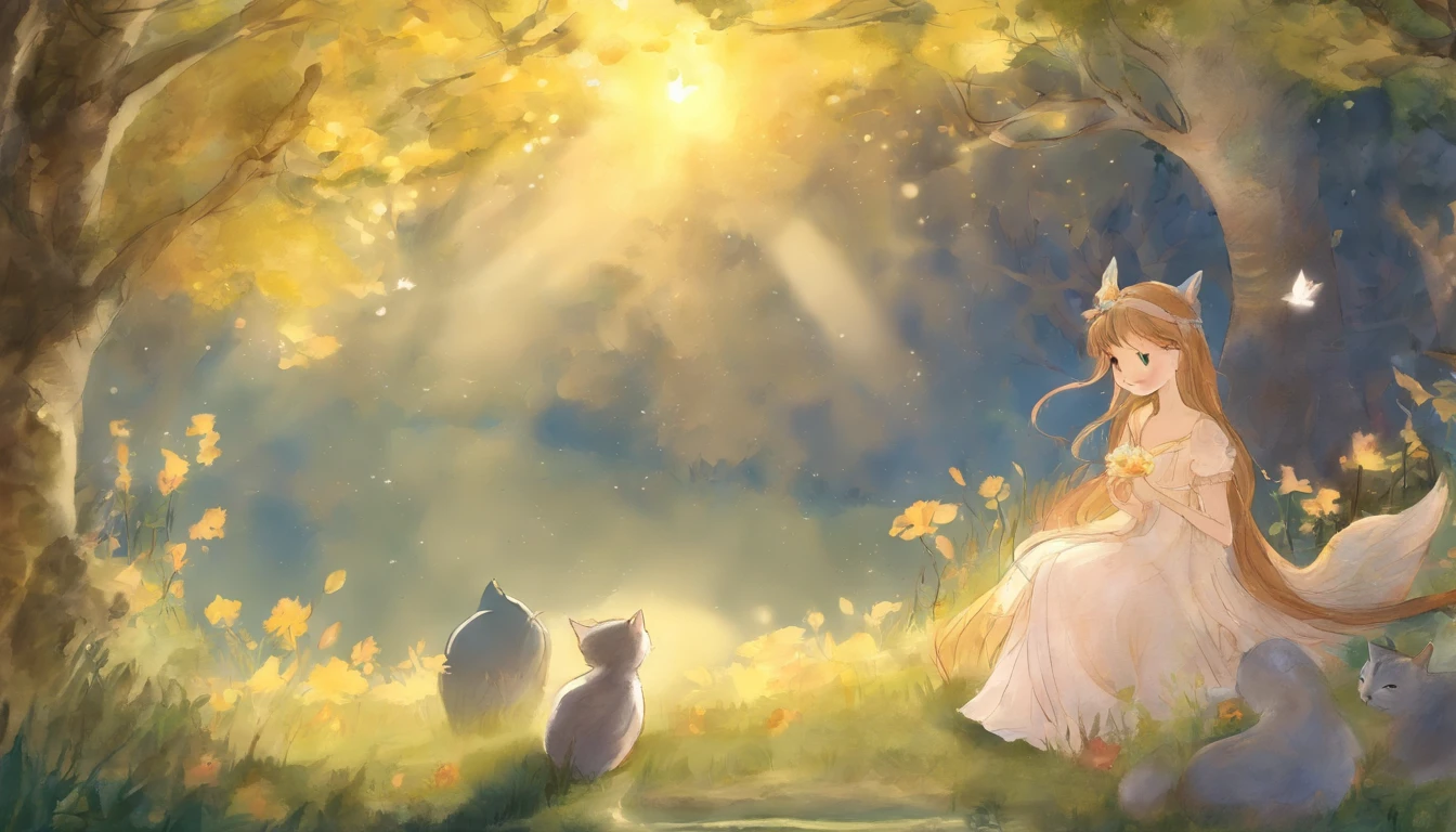 Meet in a sunny park、A girl staring at each other and a light gray cat　ars old girl、I have chestnut hair　Fantastic and happy feelings　watercolor paiting　The overall design is classic.、The color is dark yellow　Picture book illustrations