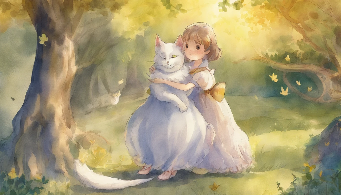 Meet in a sunny park、A girl staring at each other and a light gray cat ars old girl、I have chestnut hair Fantastic and happy feelings watercolor paiting The overall design is classic.、The color is dark yellow Picture book illustrations