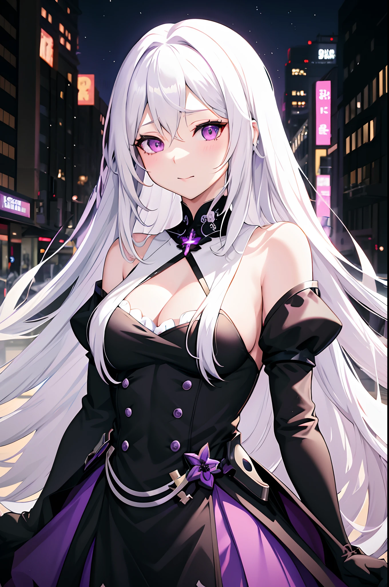 anime girl with long white hair and purple dress in city, from girls frontline, seductive anime girl, perfect white haired girl, best anime 4k konachan wallpaper, anime girl wearing a black dress, girls frontline style, white haired deity, fine details. girls frontline, anime moe artstyle, girls frontline universe, anime style like fate/stay night, noire