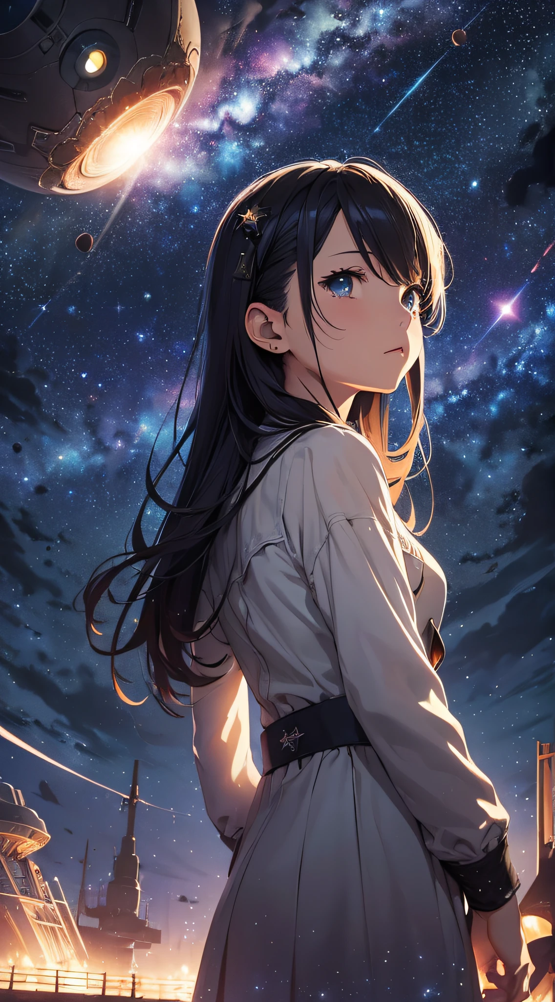 ​masterpiece、Background with((Fantastic starry sky、meteors、black hole))、Depth((planetes、Luminescent))、a beauty girl、onepiece、Rear view、Looking up