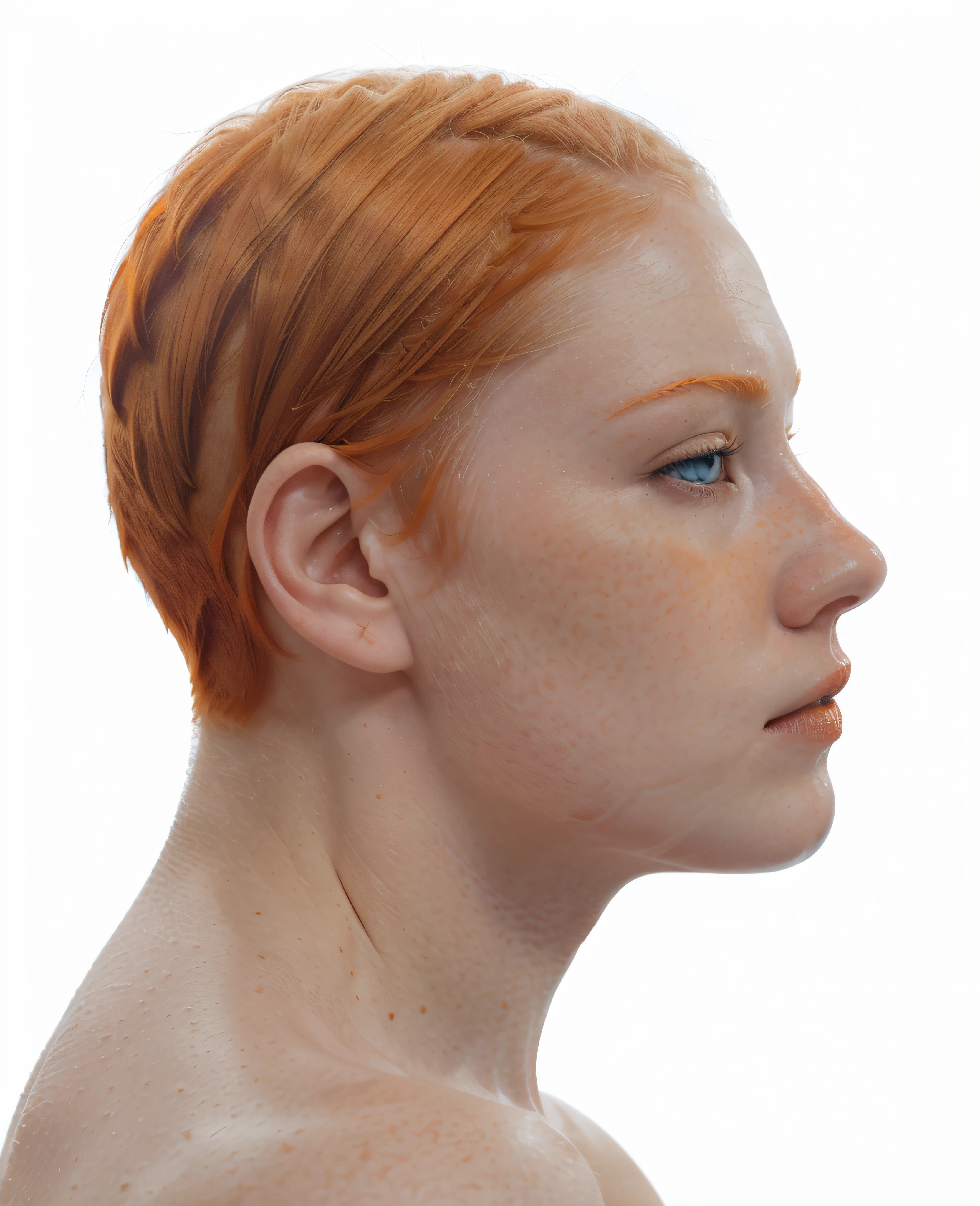 this white redhead woman named Lagertha, ((( very pale skin ))), ((( clear blue eyes ))), ((( full orange short hair ))), lovely beautiful serious face, freckles, fully naked, wonderful and perfect realistic female face, perfect snub nose, perfect red lips, textured skin, white background, perfect ears