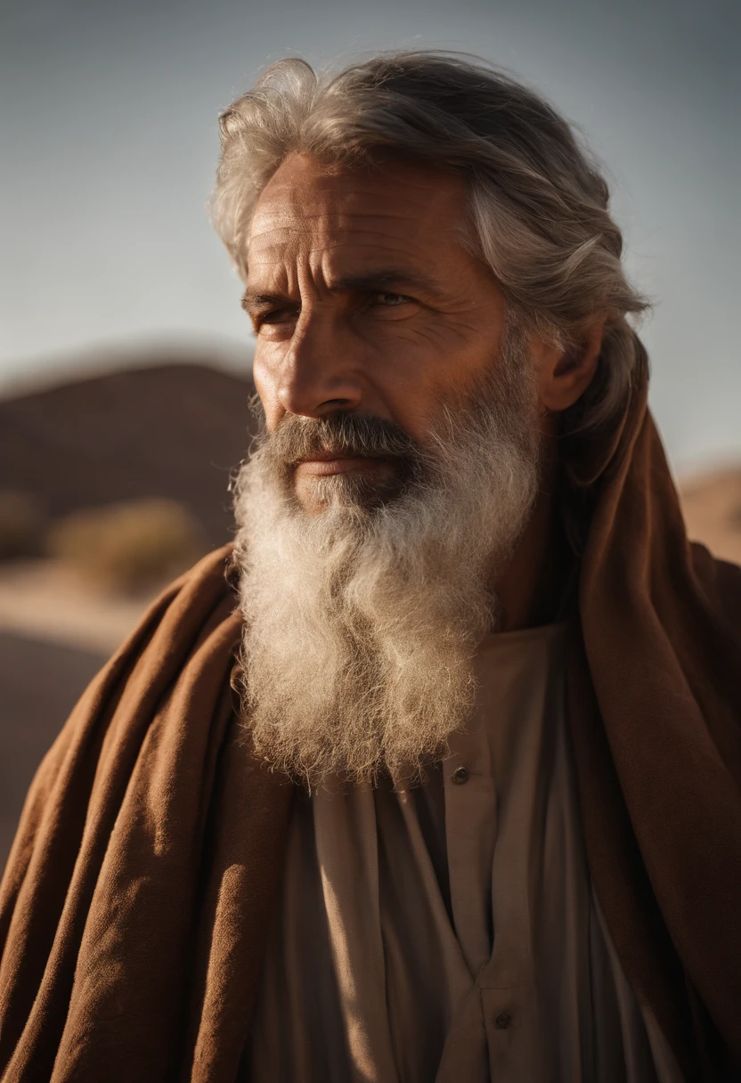 a man from the time of the old testament, he is 55 years old, gray hair and beard, with simple clothes of someone who lives in the desert (clothes similar to those worn in the old testament) (a cloak) (robe), his clothes are of a more partial tone , and made with fabric used at the time.  His skin is like the skin of someone who grew up in the sun.  The man has gray hair and a long beard of the same color.  He is in the desert.  Less saturated image tone.  Predominant tone of the image BROWN.