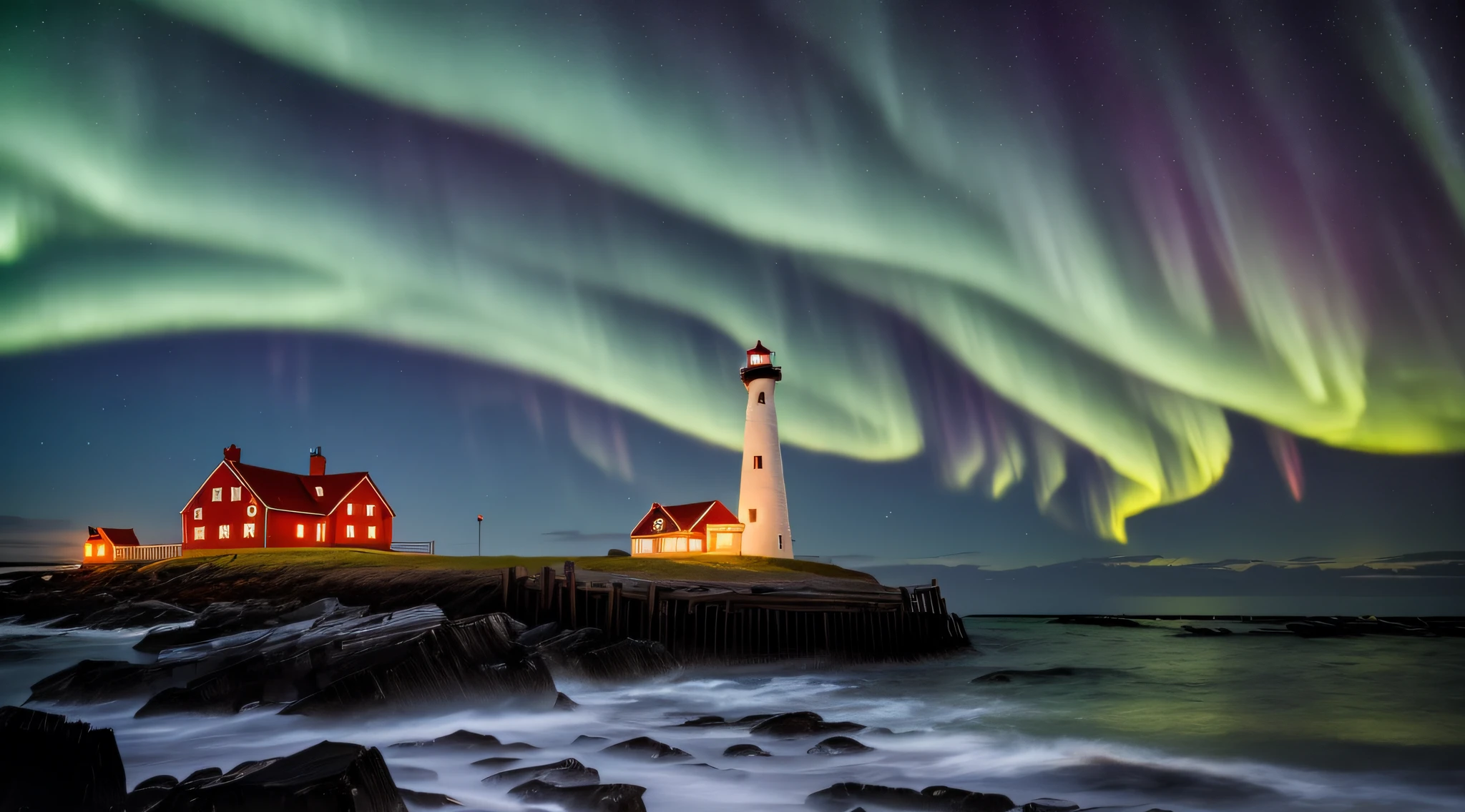 (best quality, master piece: 1.1), (Fidelity: 1.4), 1 old red and white lighthouse on a deserted beach at night, coast of Norway, very dark sky with no moon, a beautiful aurora borealis with vibrant colors, wreckage of a shipwreck on the coast, 4k, highly detailed, richly detailed lighthouse, intricate details