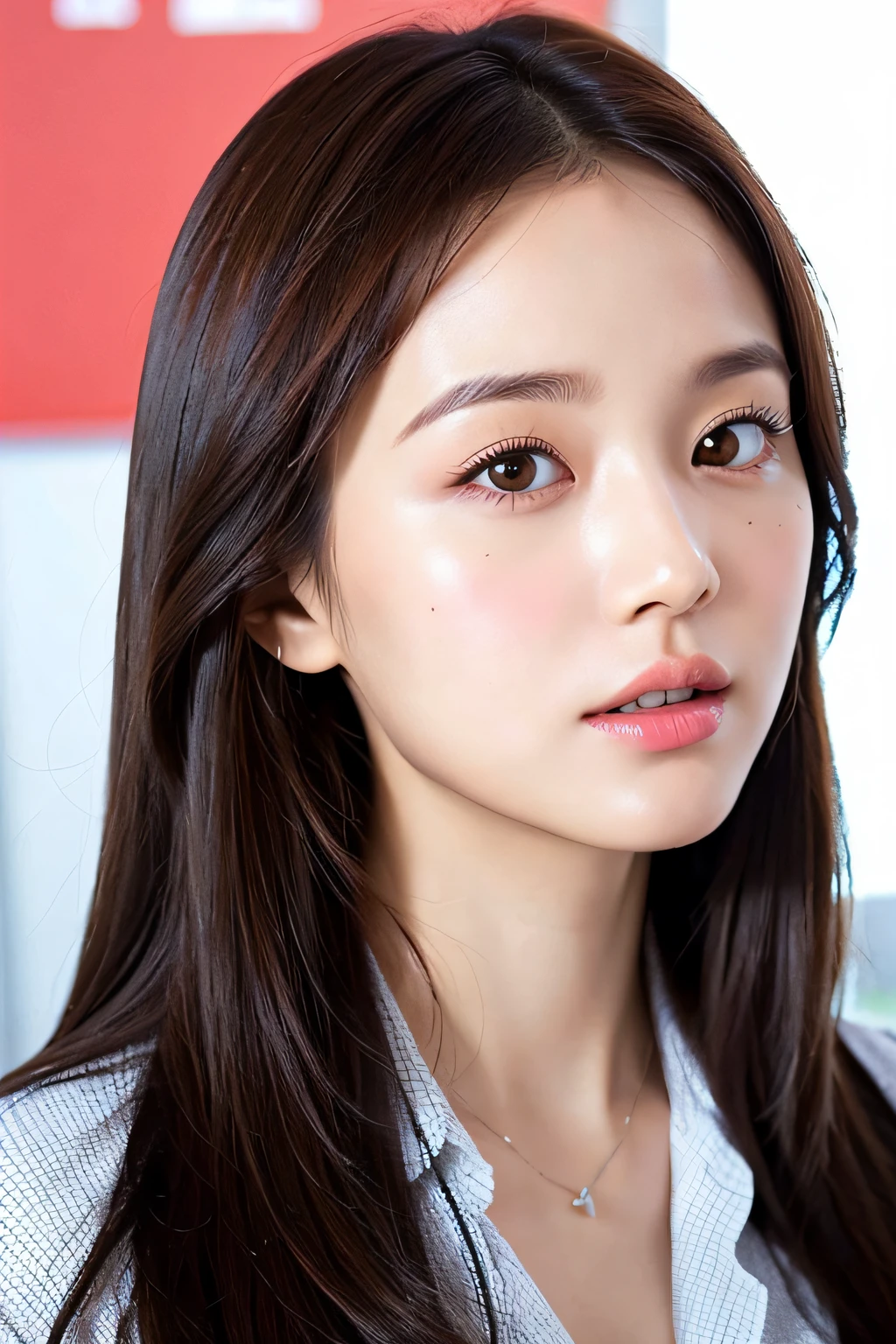 customer service,girl,office lady,upper body,beautiful,lora, perfect face with soft skin perfect face,gorgeous,8k resolution,ultra-realistic,ultra-detailed,high quality,erotic beautiful lady,office background