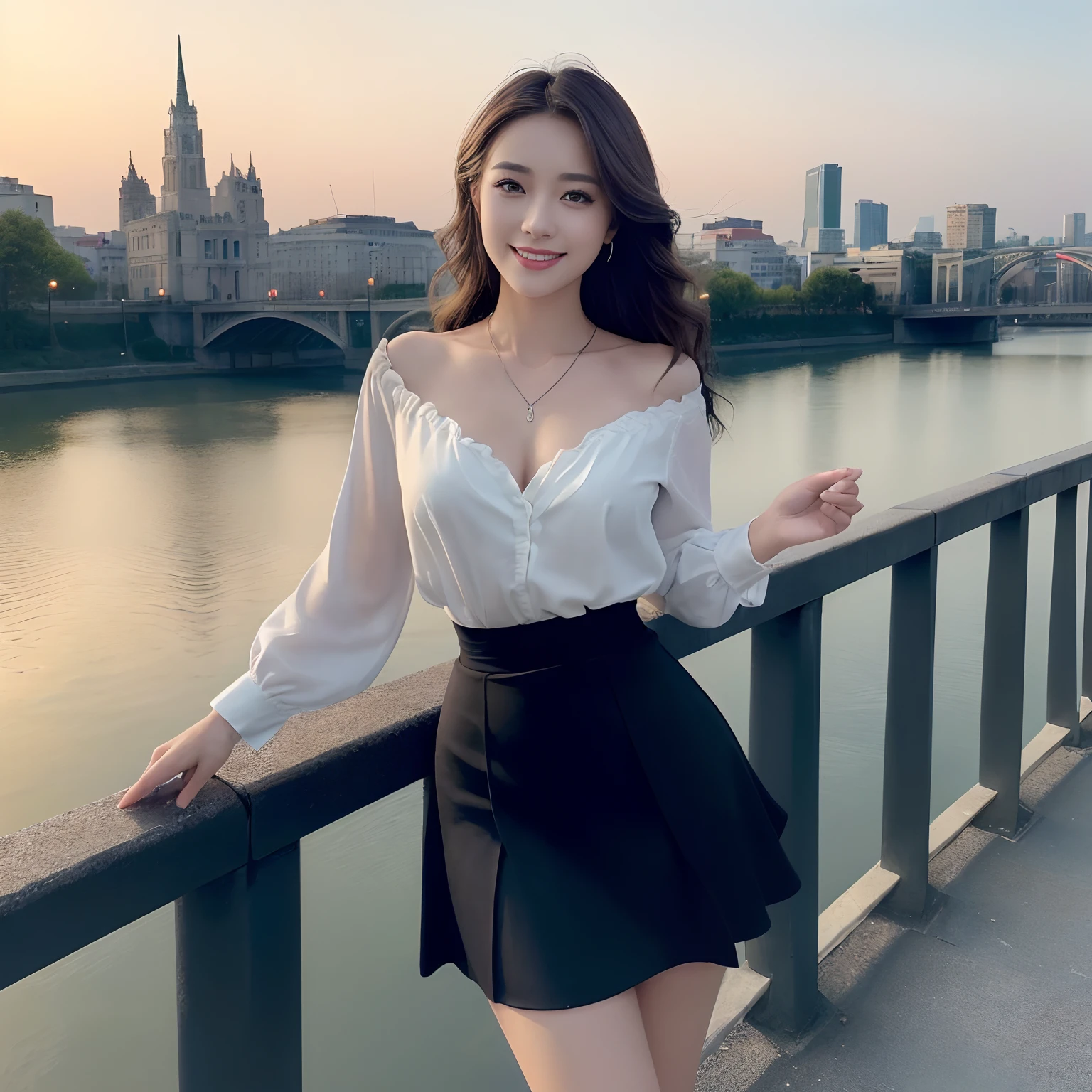 (((Best Quality, masutepiece, 超A high resolution、The most complex and detailed depictions)))、(1人の女性、Beauty Secretary、secretary's attire、Formal office style、White Formal Blouse、tight skirts、Skirt without folds、Perfect gas chamber、detailed beautiful faces、Being in Madrid)、((Walk on the bridges of the city、Walk on the iron bridge、Perfect iron bridge、Bridge over the taiga、Big rivers、A large group of buildings in the background、Madrid buildings in the background、Madrid cityscape in the background、Lots of buildings in the background、Pitch black night、beautiful night scene、A glowing city、Pitch black sky、Fantastic night view、Spectacular lighting of the film、Shot from the waist up))、Emphasize body lines、mournful smile、Ephemeral smile、Perfect makeup、long、waved hair、a necklace