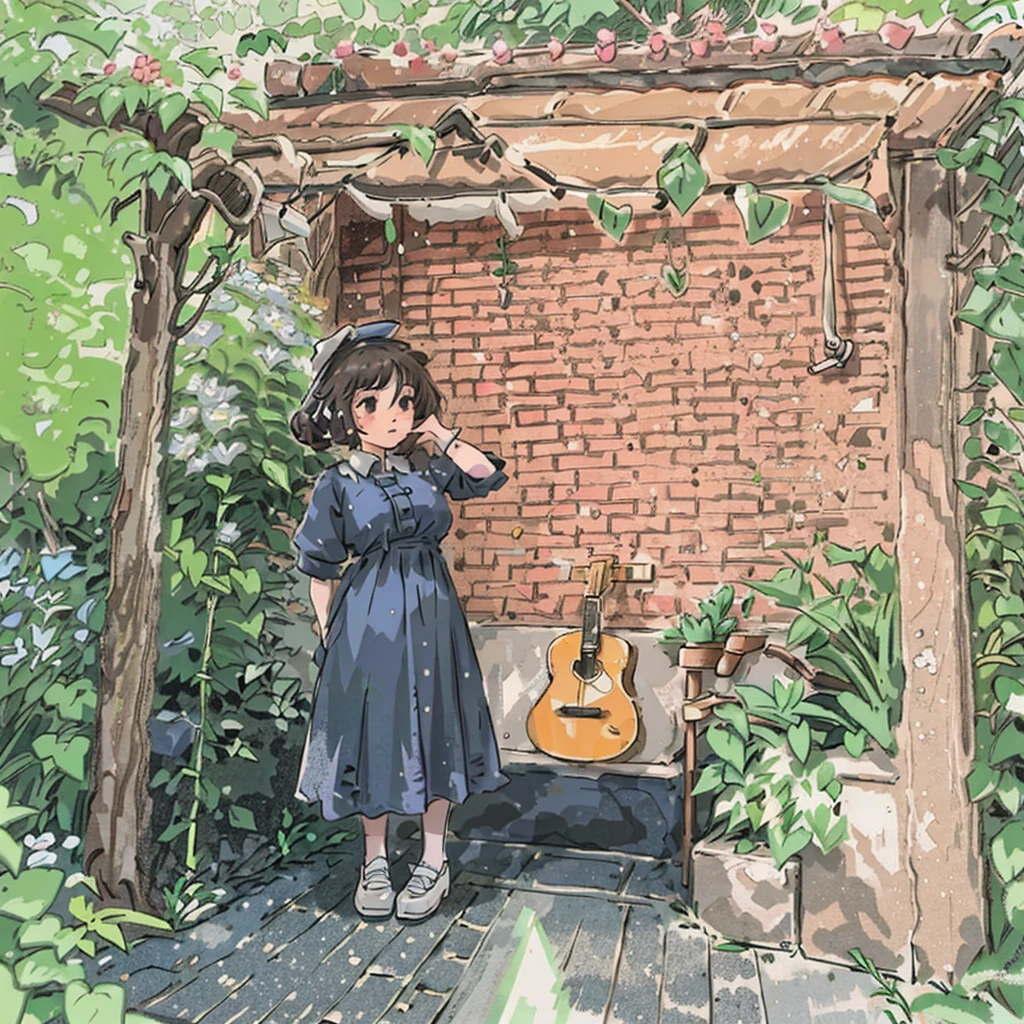 There was a woman standing in the garden with a guitar, on the garden, on the garden, In the garden, mid shot portrait,  💕 🎀, In the garden of the house, photoshoot, full body photogenic shot, Full portrait, portrait shooting, wearing black old dress and hat, lofi, Shot on Sony A 7