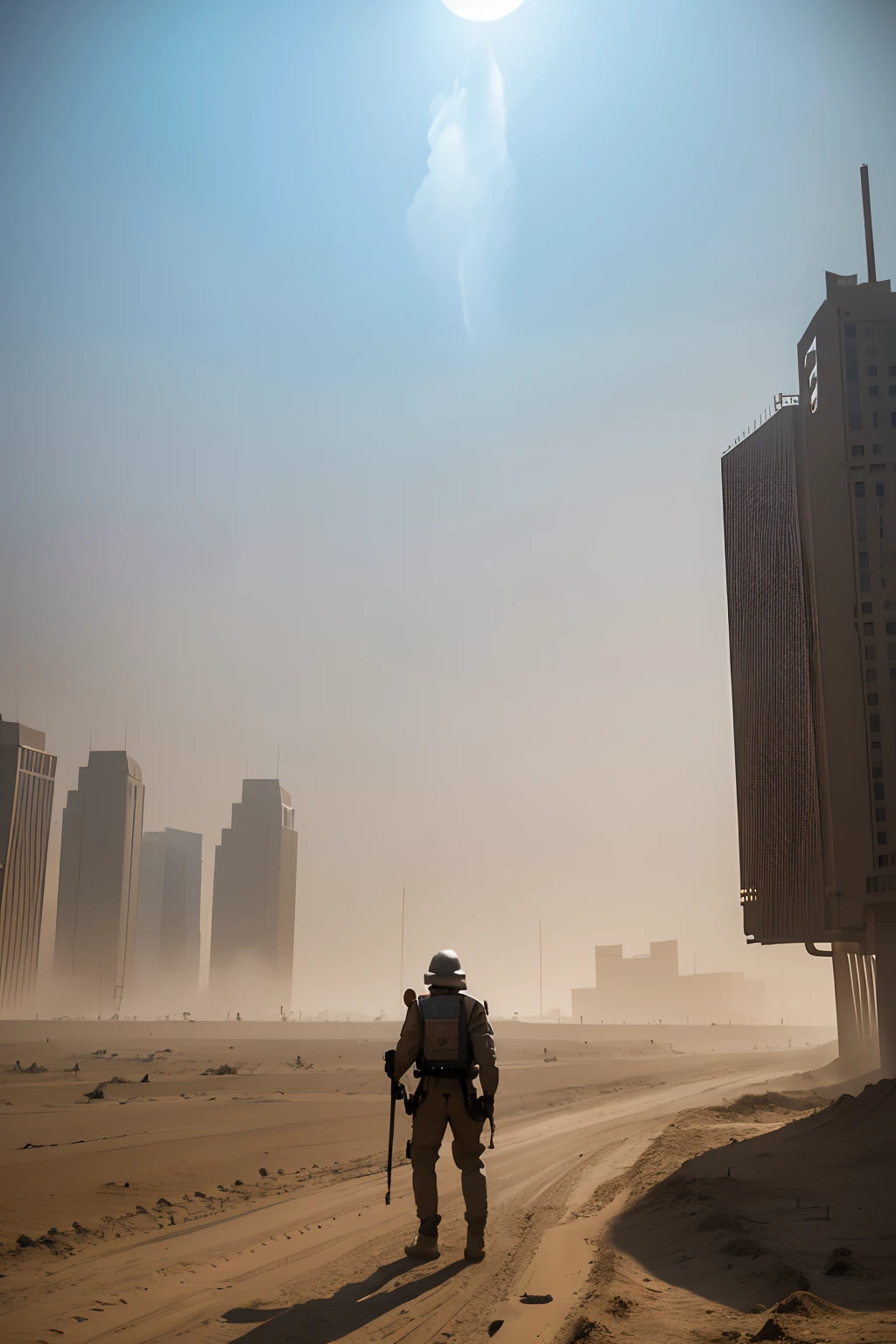 Draw a science fiction picture，The theme is defense against natural disasters or self-help，Such as smog、sandstorms、Floods and other manifestations of science fantasy