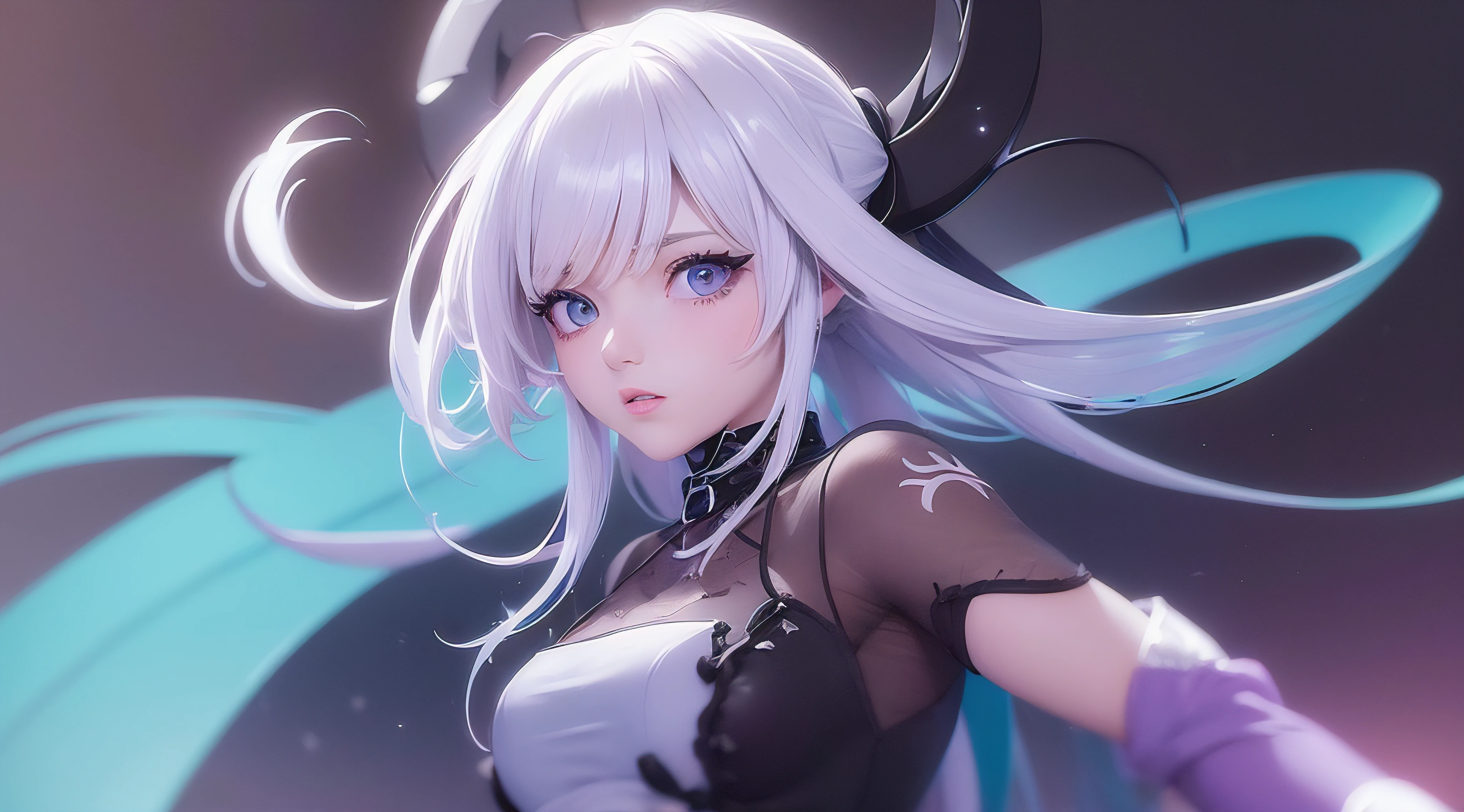 Melhor qualidade, obra de arte, super high resolution, female character from Japan with white hair, olhos e adagas brilhantes e uma brisa ao seu redor com fundo branco na parte inferior com as letras irradiando cores ao redor fachada uma imagem disso, olhos de cores diferente, cabelos longos brancos, radiante, jett player