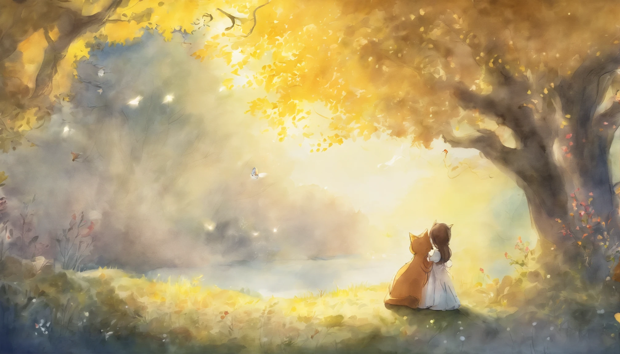 Meet in a sunny park、A girl staring at each other and a light gray cat ars old girl、I have chestnut hair Fantastic and happy feelings watercolor paiting The overall design is classic.、The color is dark yellow Picture book illustrations