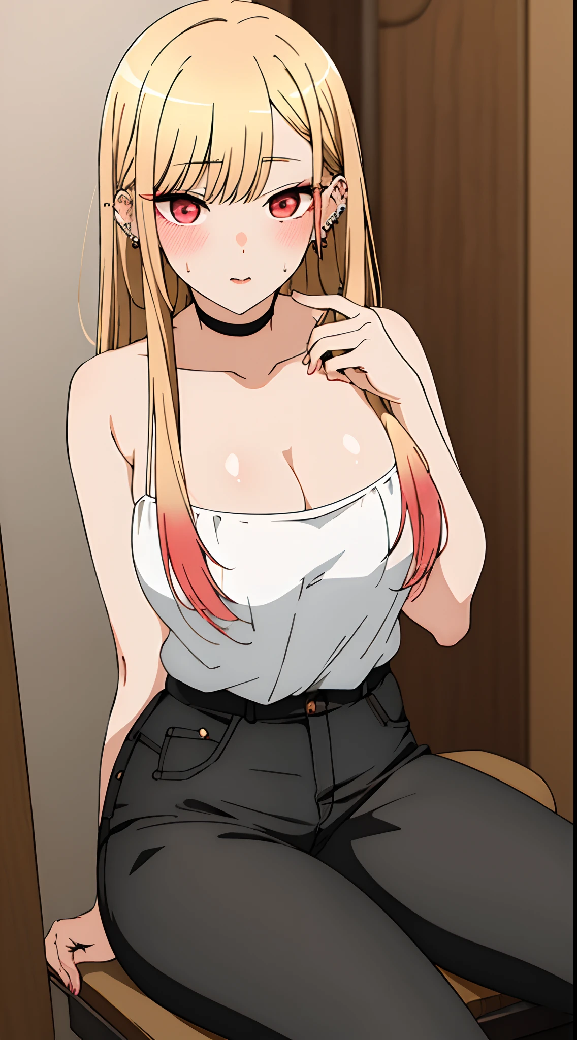 (masterpiece, best quality), Marin Kitagawa, beautiful girl, blonde hair, choker, ear piercing, earrings, long hair, piercing, (red eyes:1.5), straight hair, swept bangs, big chest,white top thin straps ,tight black pants punk look , medium boobs,  , Exquisite visuals, high-definition,masterpiece,best quality, looking at viewer,looking at viewer, sweating a lot thighs sitting