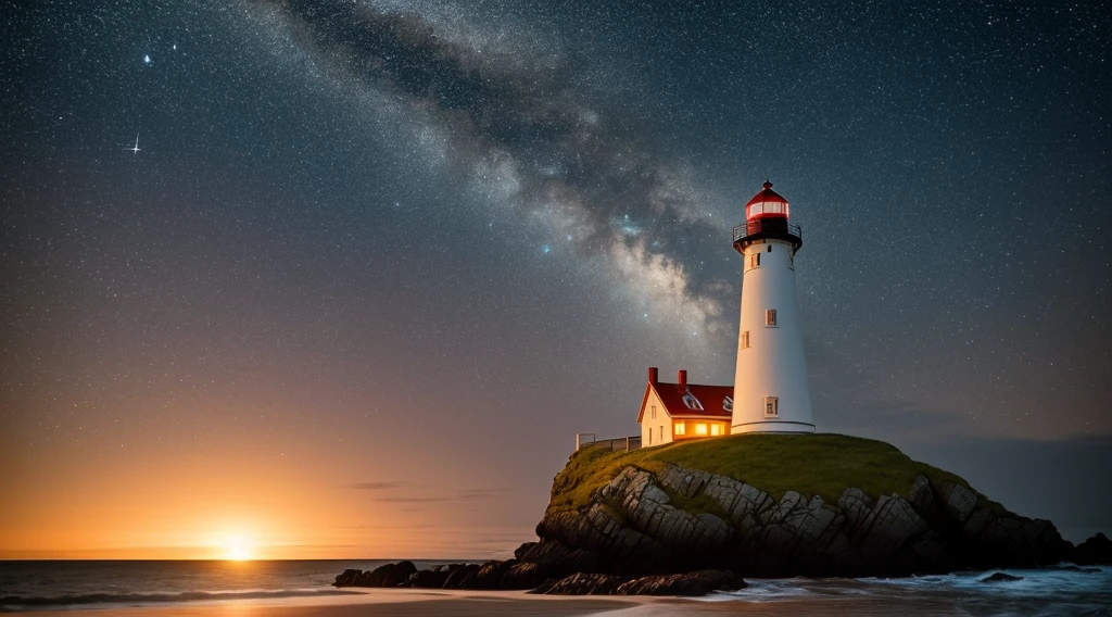 (best quality, master piece: 1.1), (Fidelity: 1.4), 1 old red and white lighthouse on a deserted beach at night, coast of Norway, very dark sky and no Moon, a magnificent comet with long tail shining in the sky, wreckage of a shipwreck on the coast, 4k, highly detailed, richly detailed lighthouse, intricate details