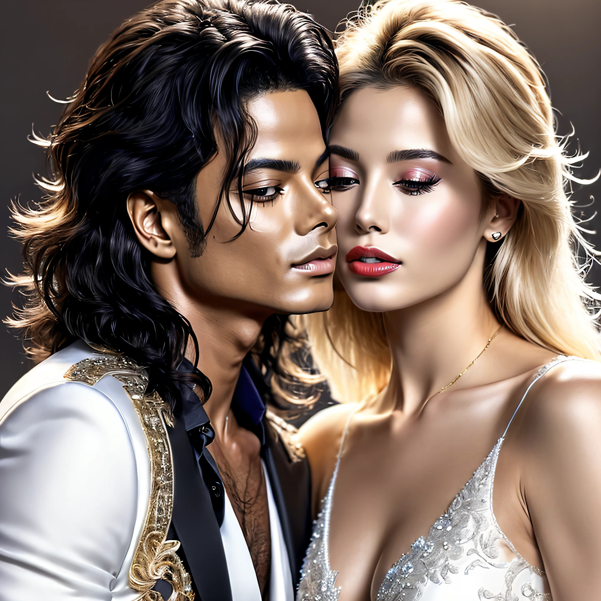 Michael Jackson whit white skin, with a completely perfect, beautiful face whit Black hair, kissing a beautiful woman with blonde hair, UHD quality.