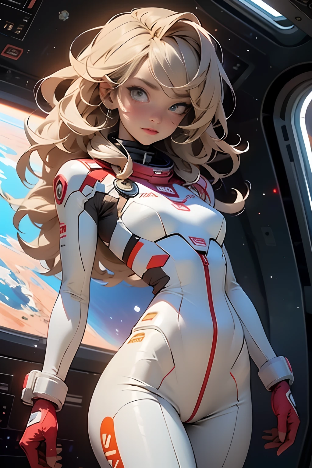 sandy hair fit body large breasts slender thighs slender waist pilot suit solo looking at viewer in space long hair blushing determination, 8k, extreme detail,