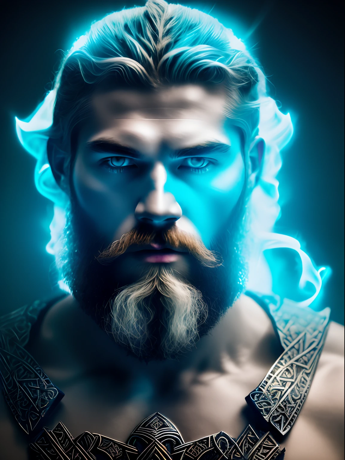 Neon fractal holographic astralism of a heavenly handsome Viking Warrior, strong man, chroma shifted icy blue to ghostly white, ethereal, mystical and intense