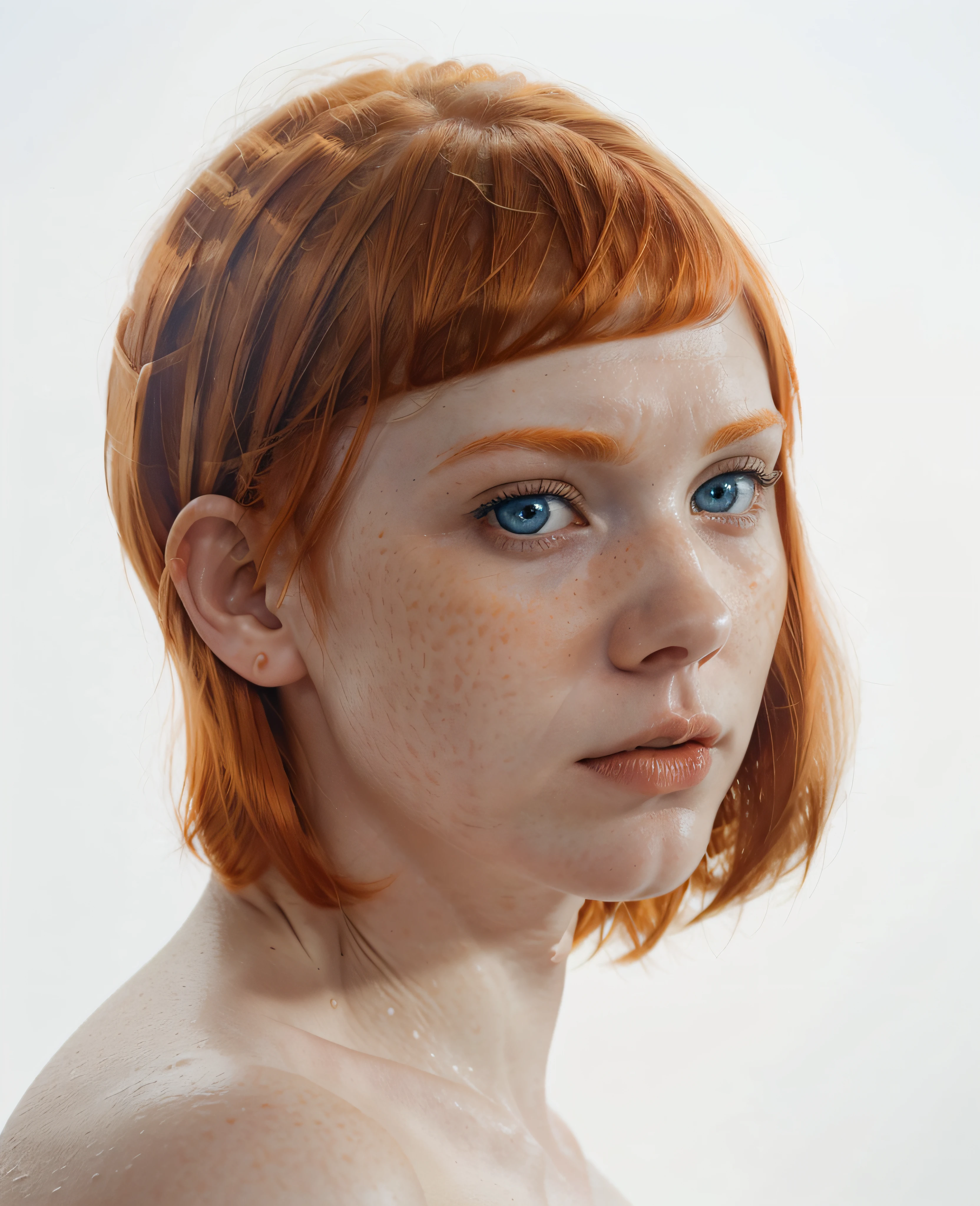 this white redhead woman named Lagertha, ((( very pale skin ))), ((( clear blue eyes ))), ((( full orange short hair with bangs ))), lovely beautiful serious face, freckles, fully naked, wonderful and perfect realistic female face, perfect snub nose, perfect red lips, textured skin, white background, perfect ears