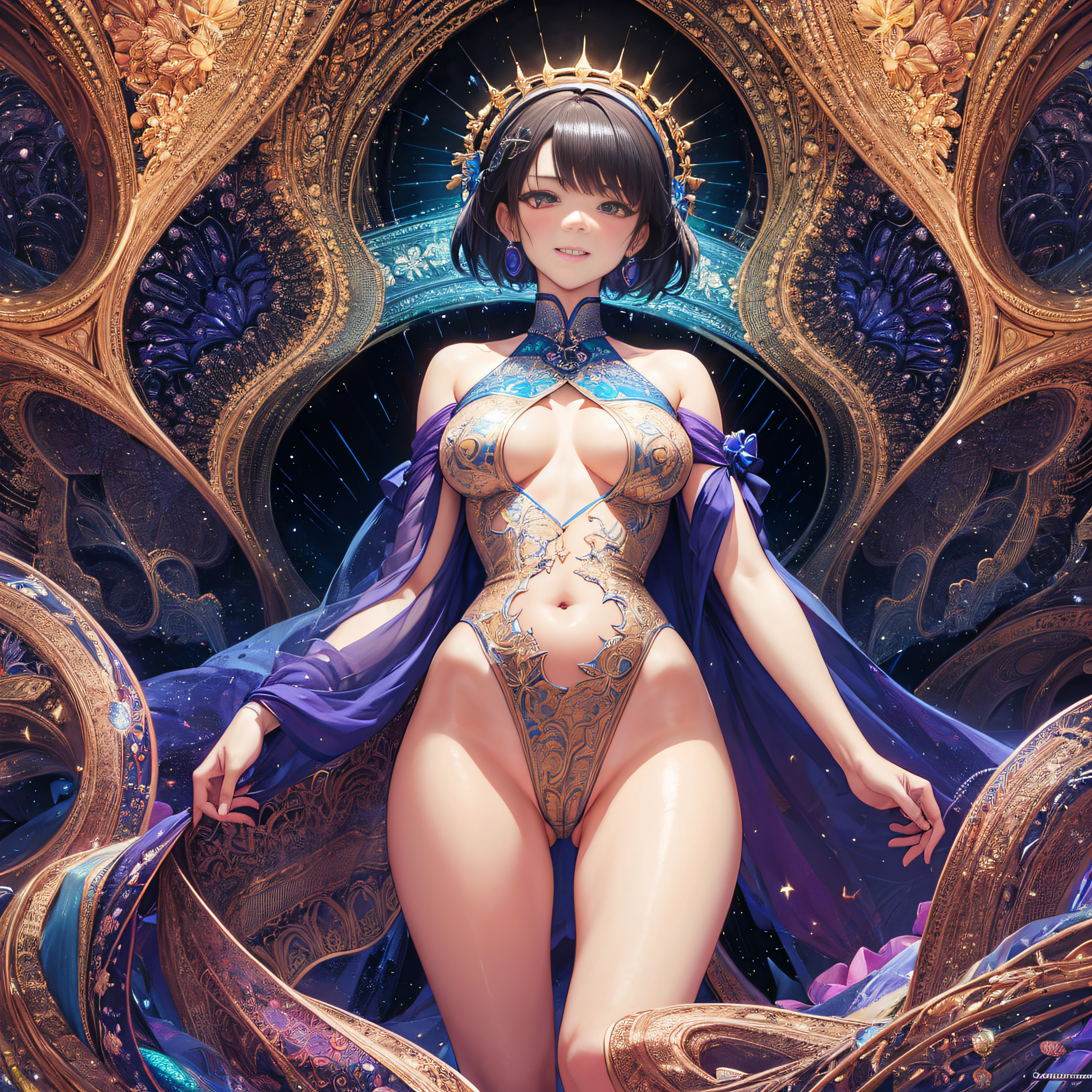 (masutepiece, of the highest quality, Best Quality, Official art, Beautiful and aesthetic:1.2), (1girl in:1.3), Extremely detailed,(Fractal Art:1.2),Colorful,highest details,(Zentangle:1.2), (Dynamic Pose), (Abstract background:1.5), (Dress of a member of parliament:1.2), (Shiny skin), (Many colors:1.4), Upper body, Thin gauze, Off-the-shoulder, blooming flower field, Glowing skin, lightsmile, Camel toe, Sexy, Bust, nakeness,From below,Ass Up wAIT