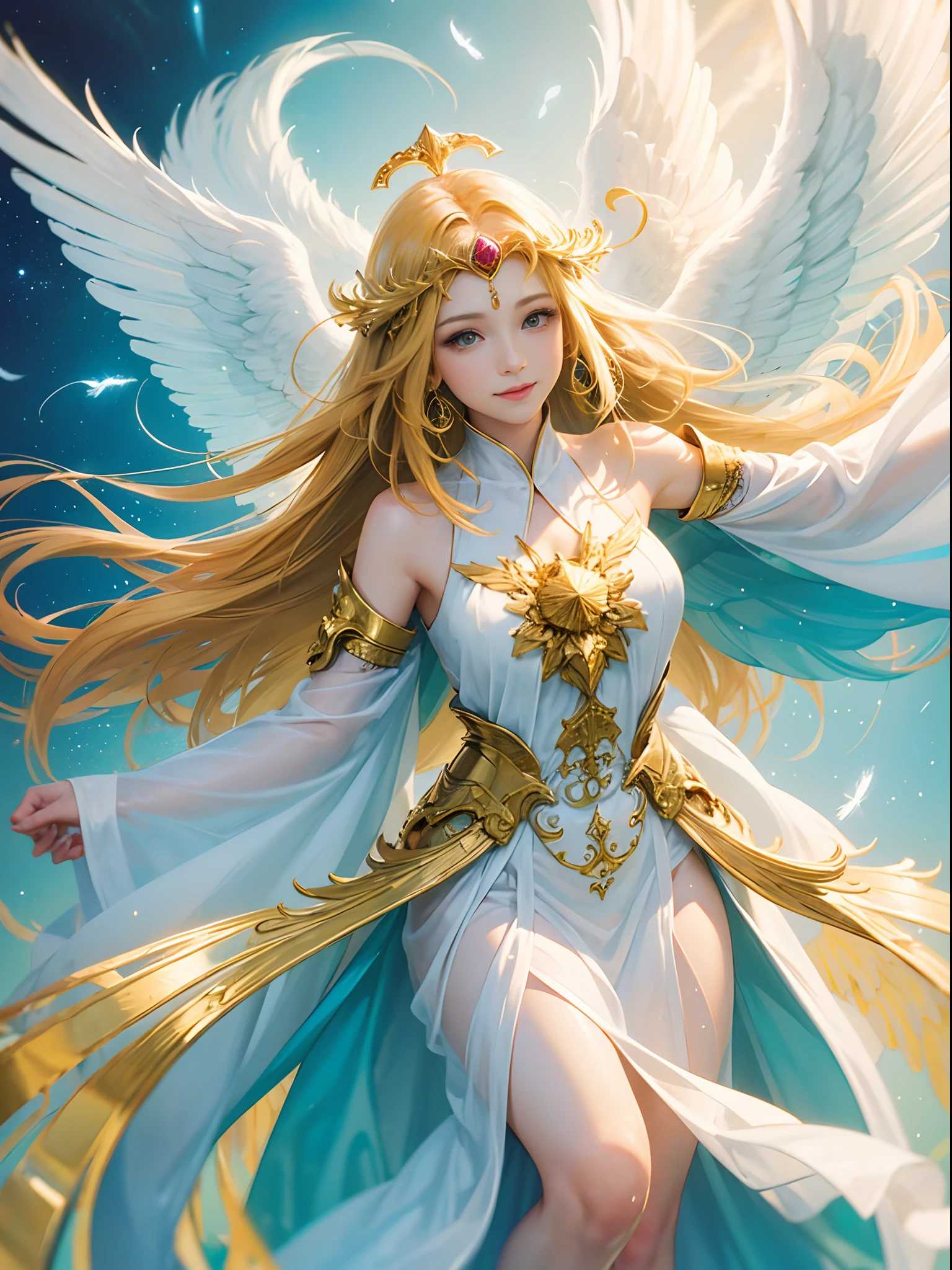 (Radiant messenger) (angelic character art) (floating angel) (flowing robes) (luminous feathers) (gentle smile) (heavenly glow) (golden accents) (ethereal environment), DSLR, 35mm, agfa precisa 100, uplifting