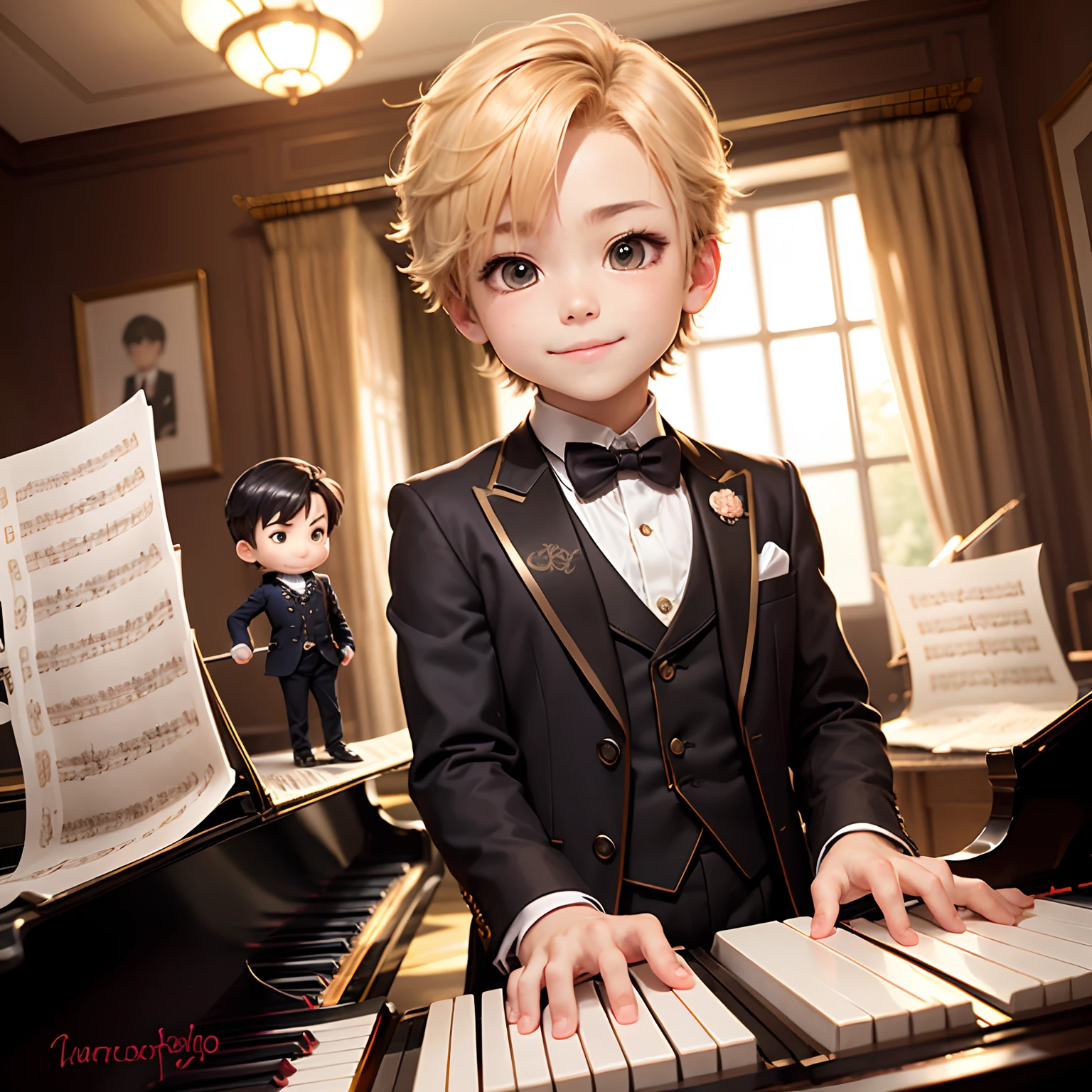 masterpiece、top-quality、ultra-detailliert、(Chibi Chara Pianist Boy:1.2)、tailcoat、A detailed(I have to play the piano:1.2)、Inside the Houses of Parliament、A smile、