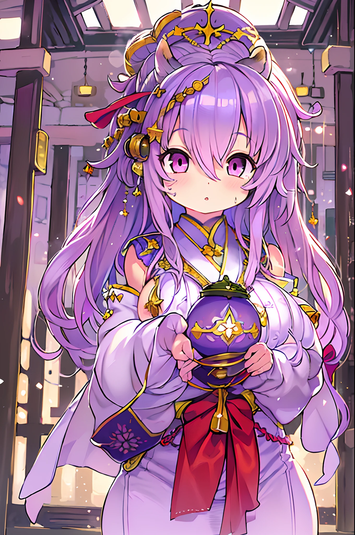 (Best Quality:1.4), hight resolution, masutepiece,, 1girl in,, Light purple hair, Purple eyes, (Kemomimi), huge-breasted, bare slim thighs,, Hair Ornament, (Red|White Japan priestess uniform), Detached sleeves,, blush,, lantern, shrines,, Detailed face,