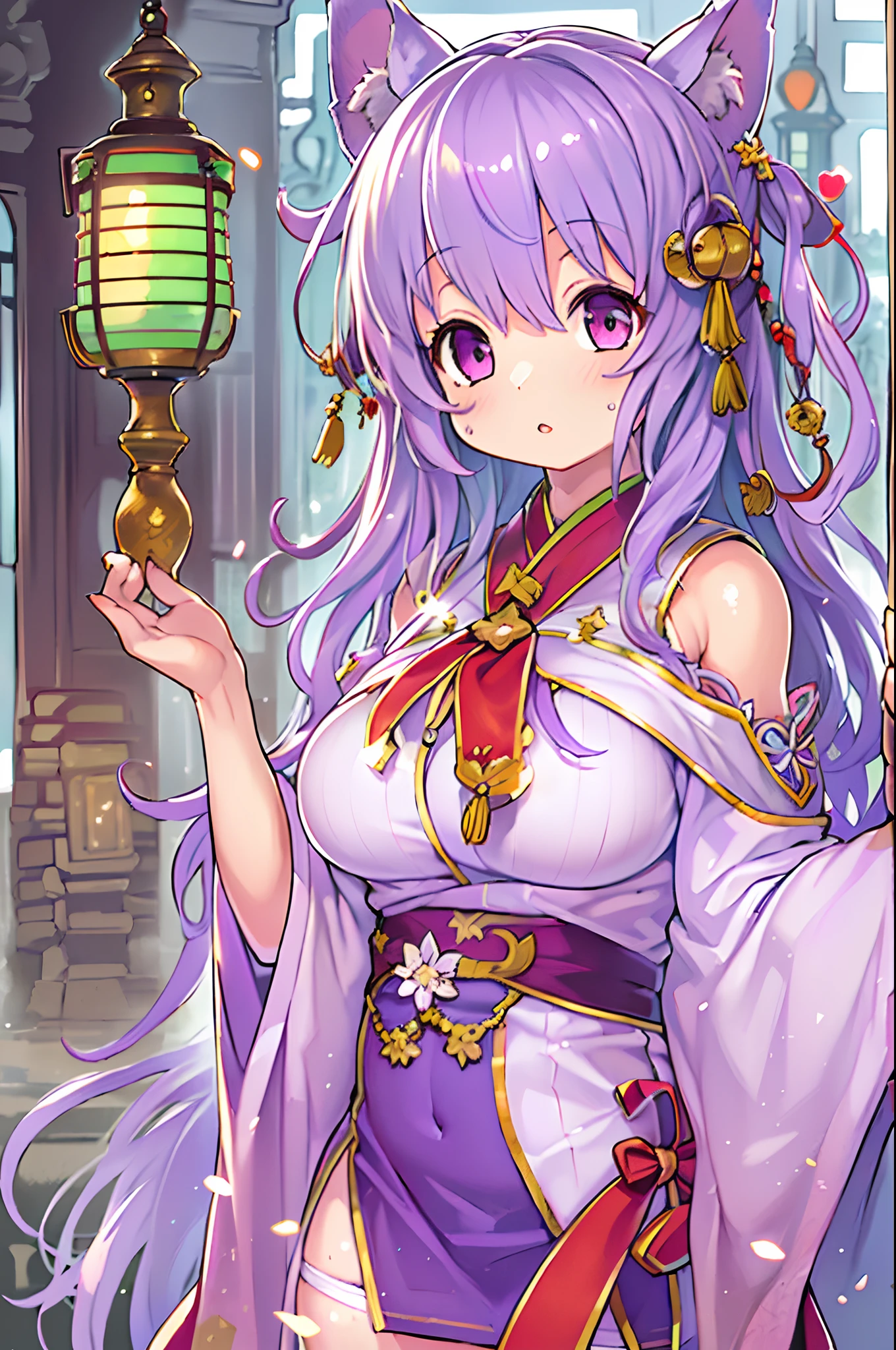 (1girl:1.3), (perky chest:1.2), ((long purply_Blue dress :1.5, wearing long flaired skirt:1.3, the skirt is blowing:1.3, cute pink Apron, black stocking:1.2,garter stocking, cleavage:1.2, midriff, black shorts, black thighhighs, thigh strap, (pointed chest:1.2),Masterpiece, Best quality, amazing beauty, [[3D]], 4K, absurdres, finely detail, super detailed eye, perfect anatomy, official art, cinematic lighting, BREAK, Island, silky long hair, long braid, white hair, super shiny detailed blue eyes, big eyes, cute eyes, thick eyebrow, Gazing Upward, open-mouth, full lips, straight teeth, rouge, False eyelashes, pink lips, silver round cell frame glasses, piercing, excited face, BREAK , big breasts, tall, medium, gloss skin, nibble at bread, from front, BREAK ,kimono, BREAK,
