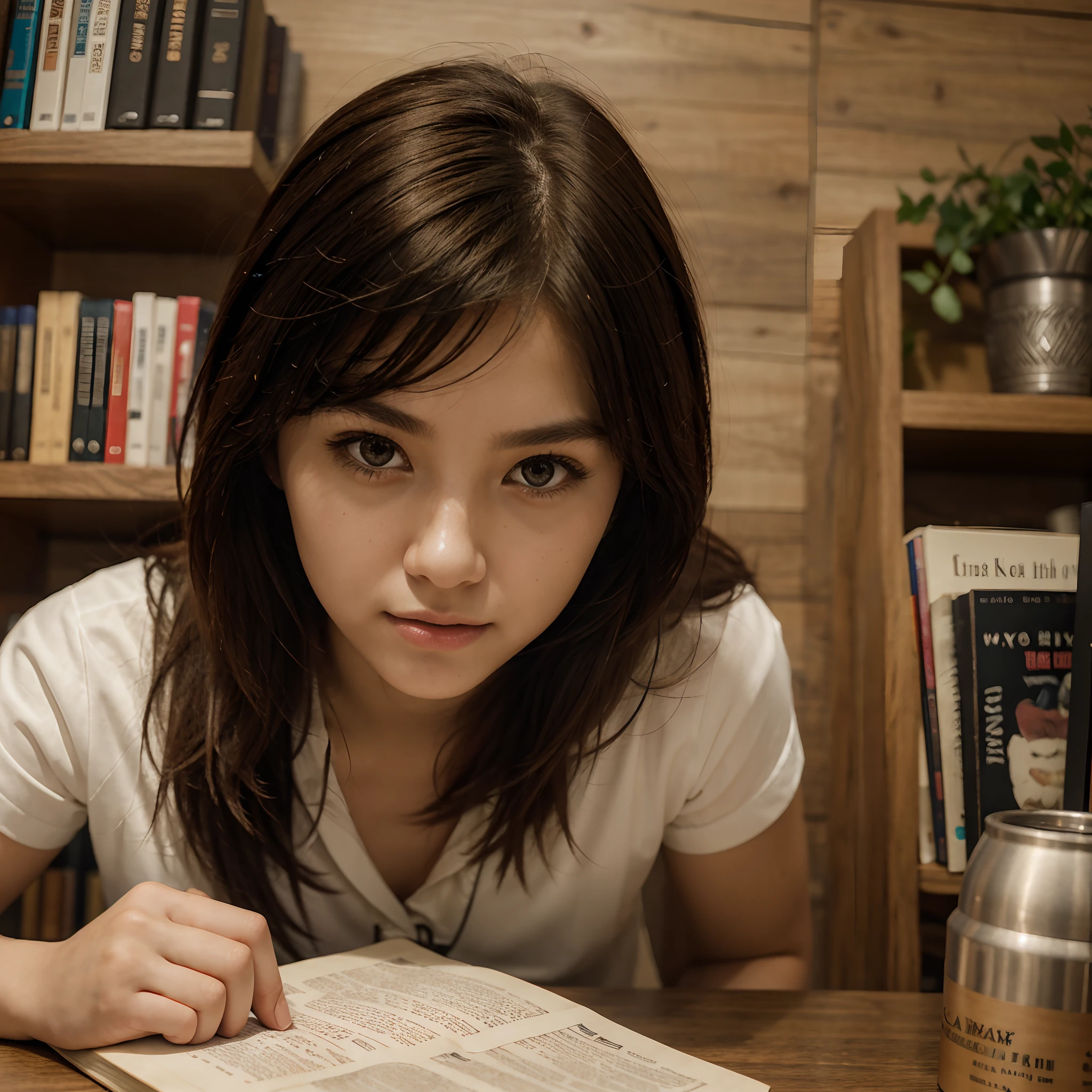Portrait of 1 sitting at a desk studying beautiful Korean model 18 years old dressed in something cozy and white, Symmetrical Hyper Detailed Book, dark oak table, soft studio lighting, On the background of a dark oak shelf, A lot of books, снято на Canon EOS 5D Mark IV, снято на Canon EOS 1D X Mark III, Symmetrical Beautiful Hyper Detailed Eyes, Wooden furniture, Wooden walls