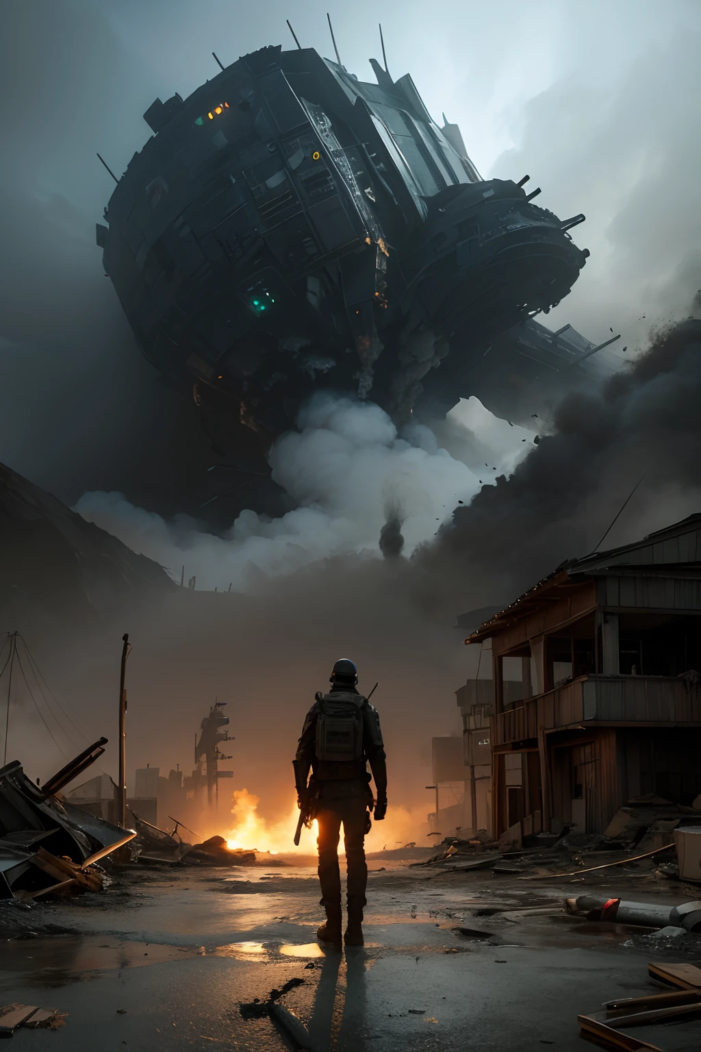 Draw a post-apocalyptic sci-fi painting,The theme is defense against natural disasters or self-help